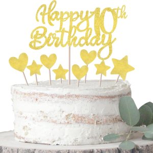 Paquete de 9 decoraciones para tartas de cumpleaños número 10 con purpurina de corazón y estrella para cupcakes, saludos a los 10 años de edad, Paquete de 9 decoraciones para tartas de cumpleaños número 10 con purpurina de corazón y estrella para cupcakes, saludos a los 10 años de edad,