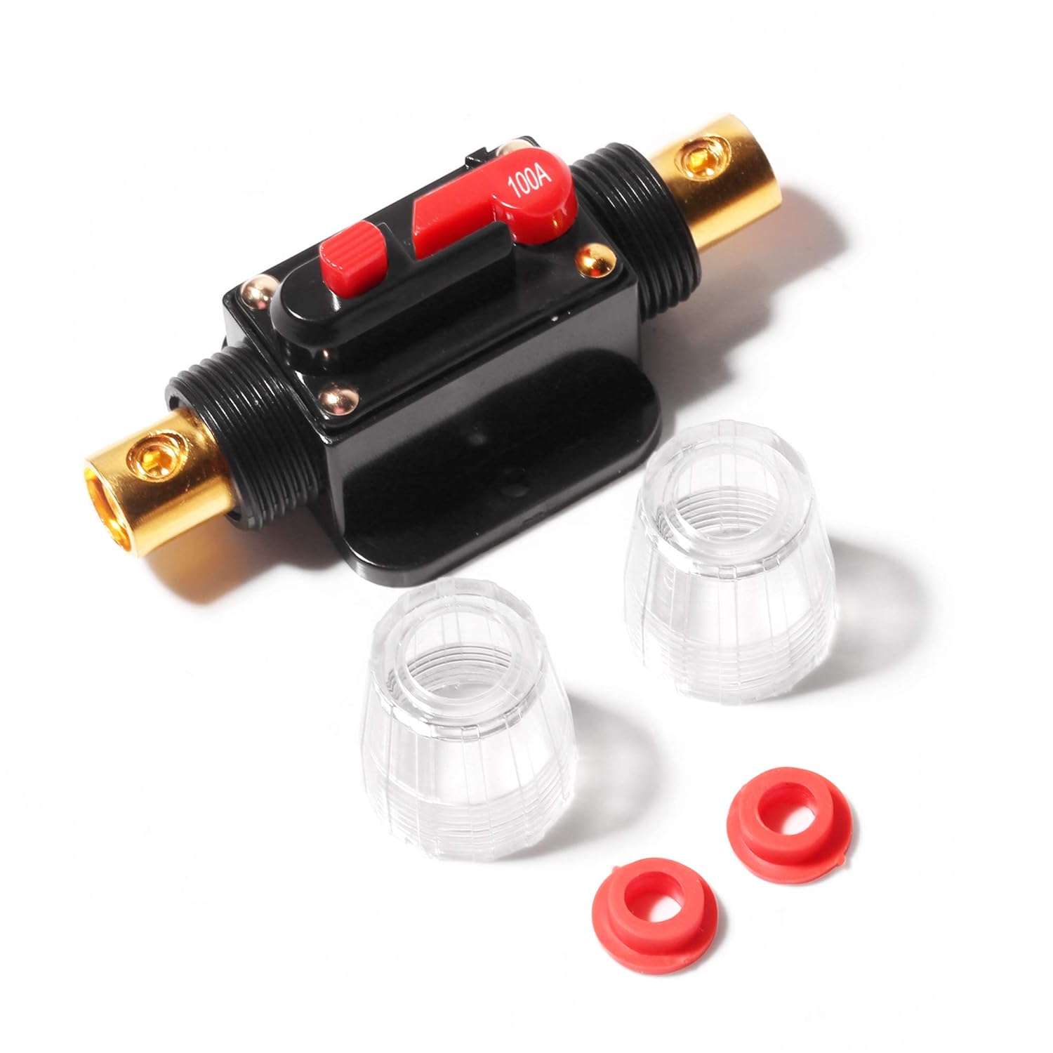Disyuntor de audio de automóvil en línea de 100 A, 2 unidades, 12-24 V CC con reinicio manual, para audio de automóvil, interruptor estéreo de