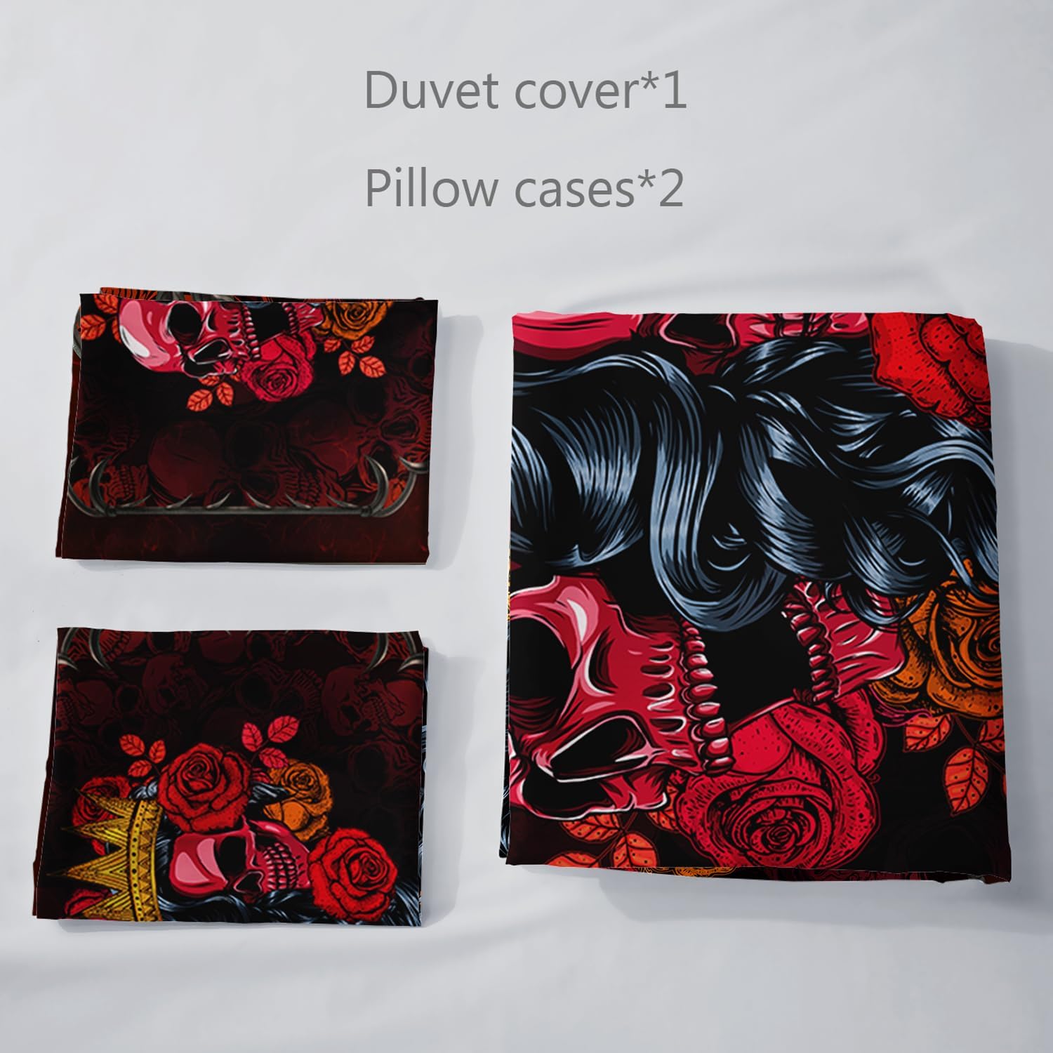 AILONEN Juego de funda de edredón de calavera de azúcar, tamaño Queen, juego de funda de edredón de calavera dulce y rosa roja, juego de ropa de
