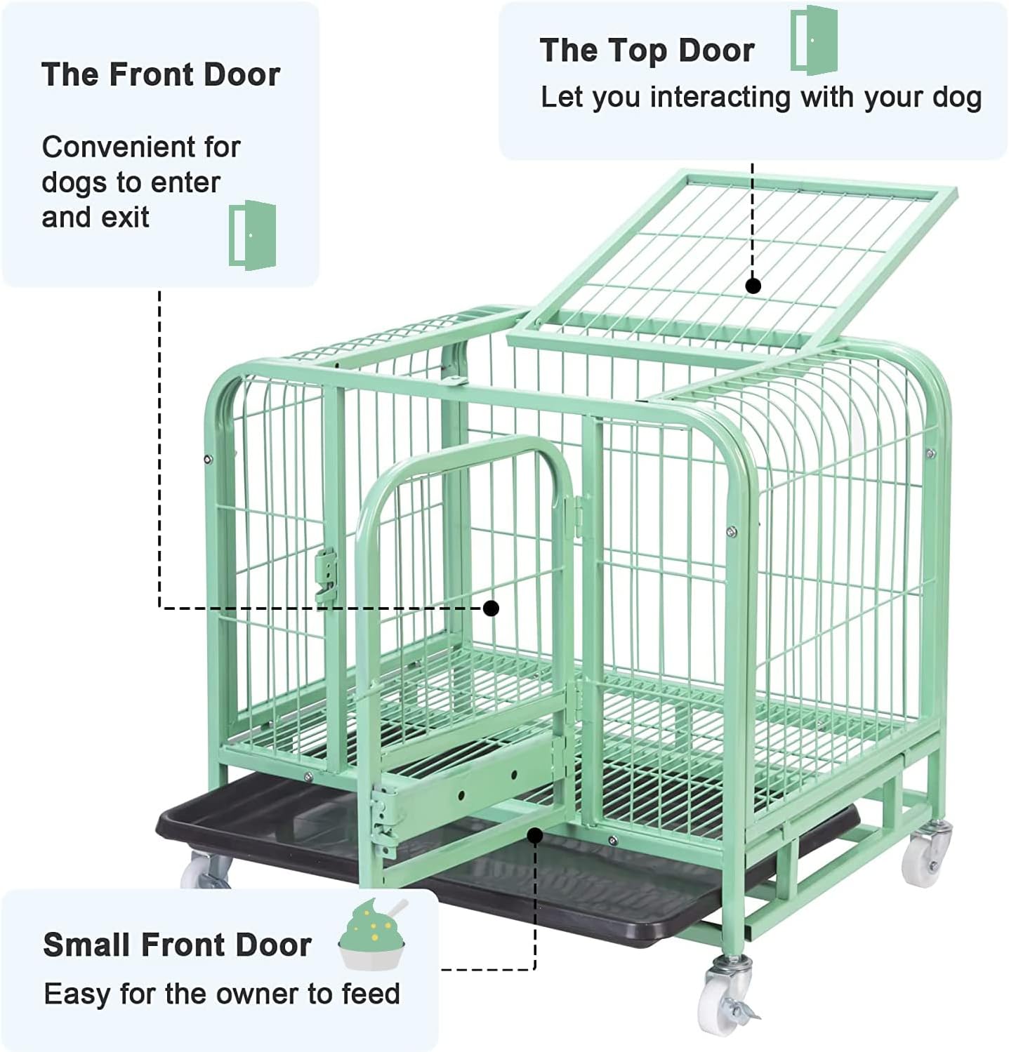 Jaula resistente para perros de metal verde fuerte con ruedas bloqueables y bandeja para perros pequeños de interior, 26 x 17 x 22 pulgadas