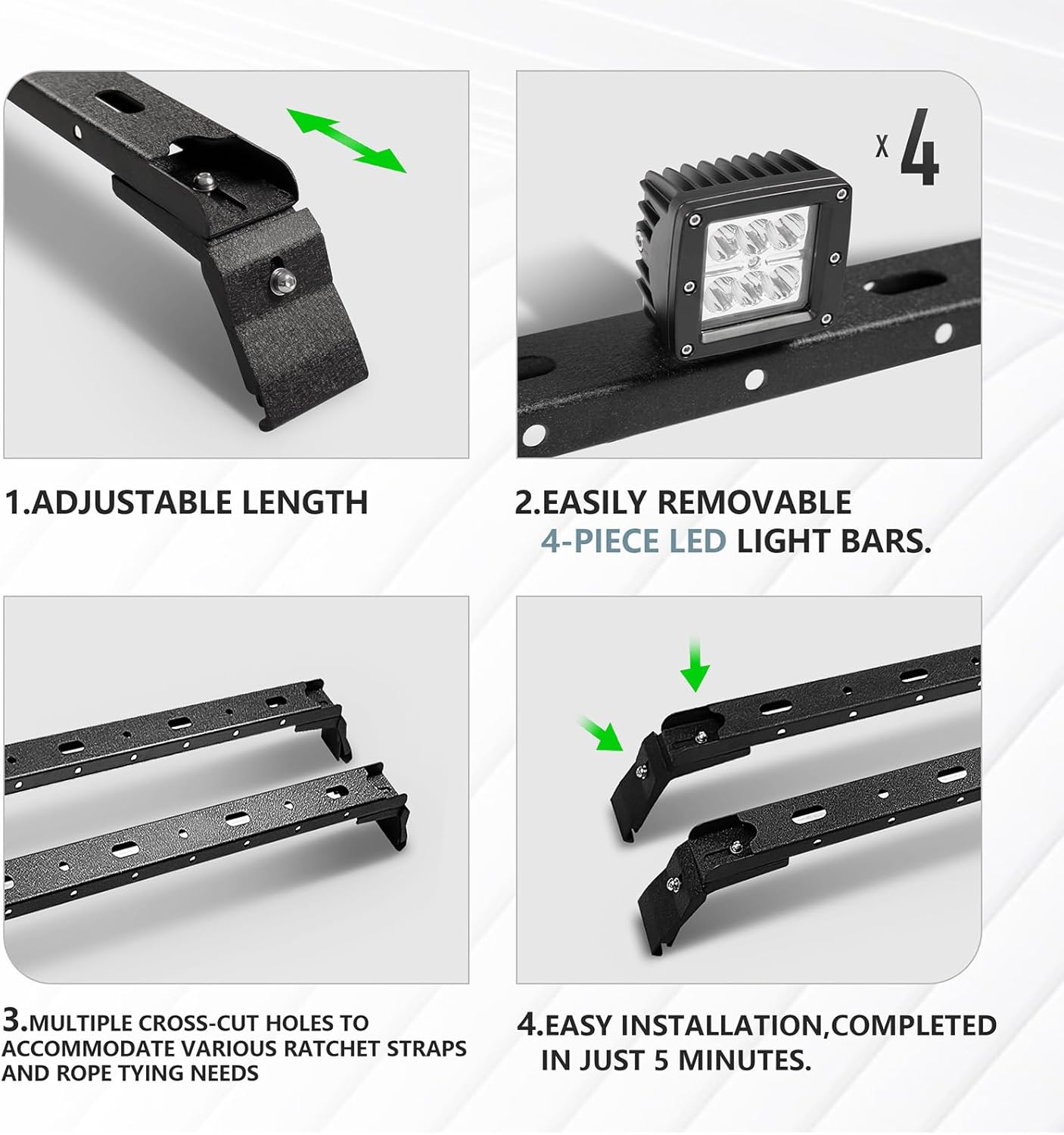 YZONA Barras transversales de techo de 300 libras con 4 barras de luces LED compatibles con Jeep Wrangler JK JKU JL JLU Unlimited y Gladiator JT