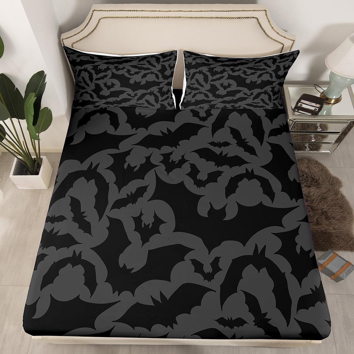 Castle Fairy Juego de sábanas con temática de Halloween, tamaño Queen, juego de ropa de cama con estampado de animales de murciélagos negros para