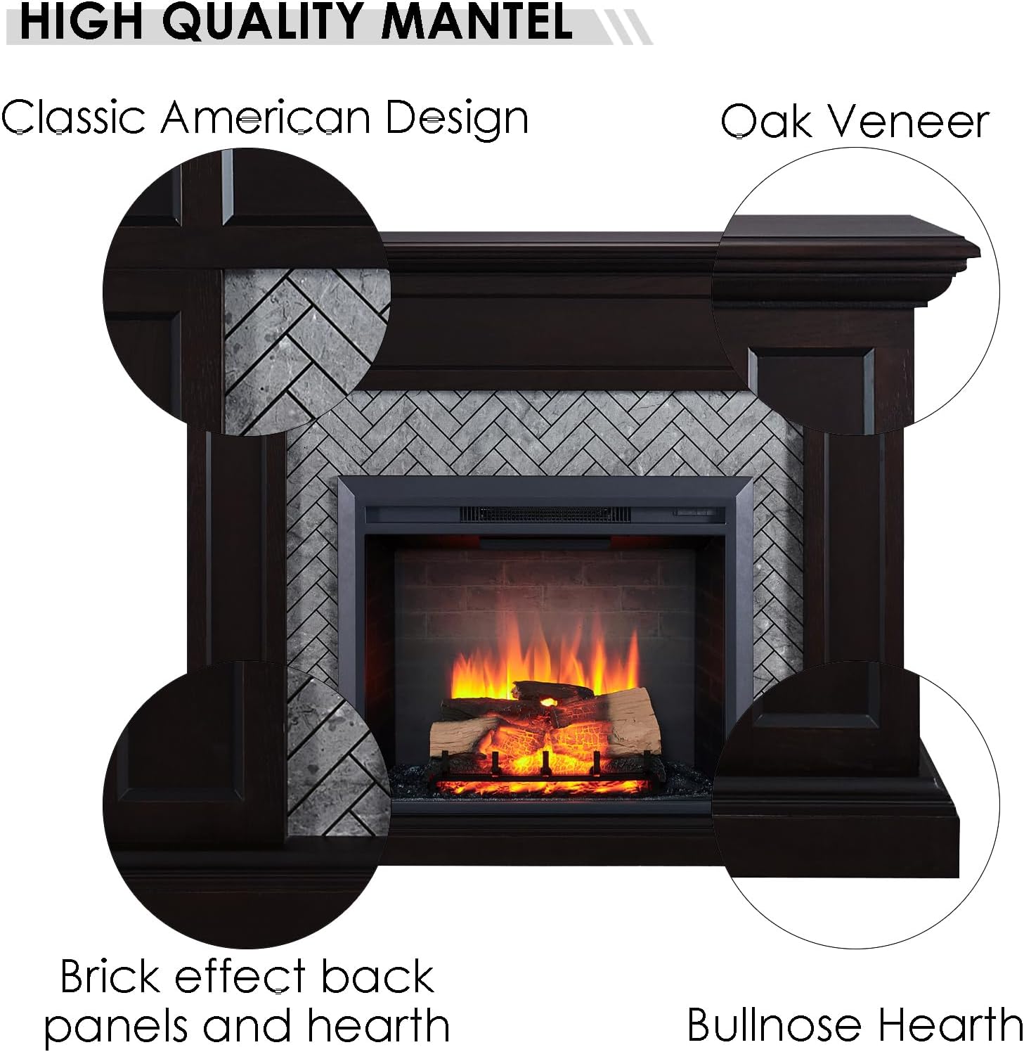 LegendFlame Hailey – Chimenea eléctrica con mantel envolvente de 57 pulgadas e inserto Carl de 30 pulgadas, roble espresso con acabado de ladrillo