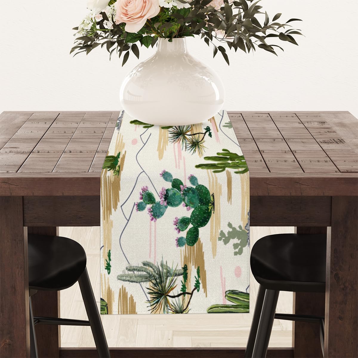 Camino de mesa con cactus de acuarela, mantel de lino rústico para cocina de granja, cena, eventos, fiesta, decoración de mesa de vacaciones, 13 x
