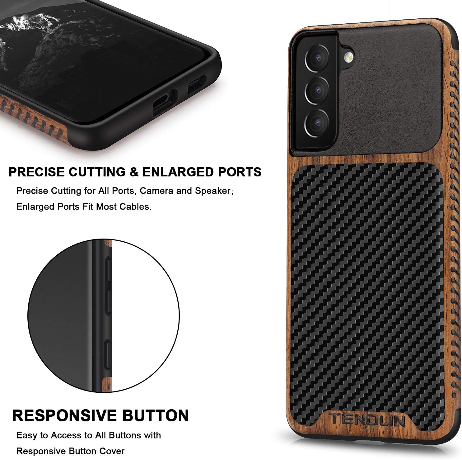 TENDLIN Compatible con Samsung Galaxy S21 Funda de grano de madera con textura de fibra de carbono, diseño híbrido de cuero, color negro