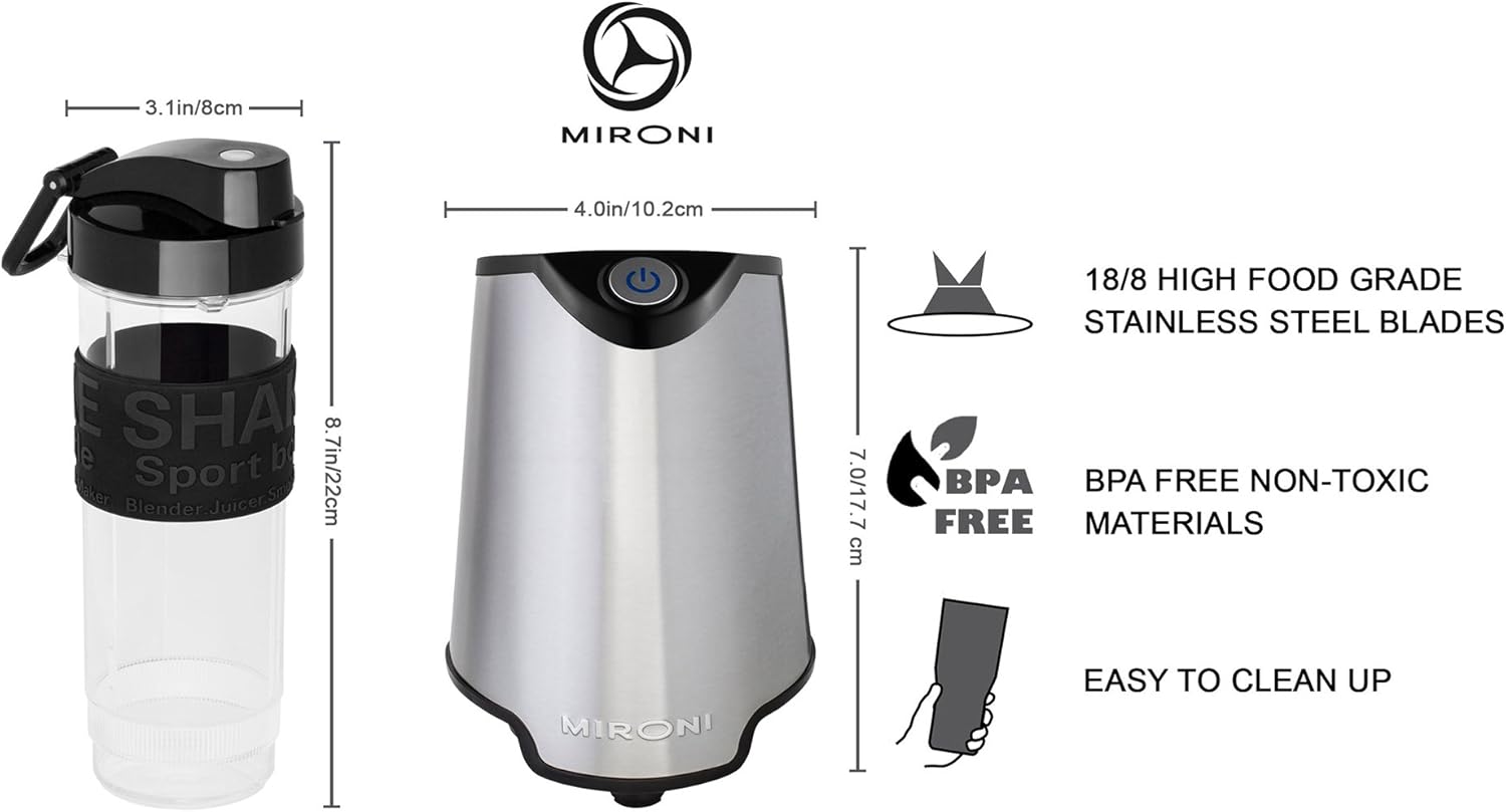 minilicuadora personal para hacer licuados y smoothies con taza trituradora, 2 botellas licuadoras y libro de recetas (versión inglés), Acero