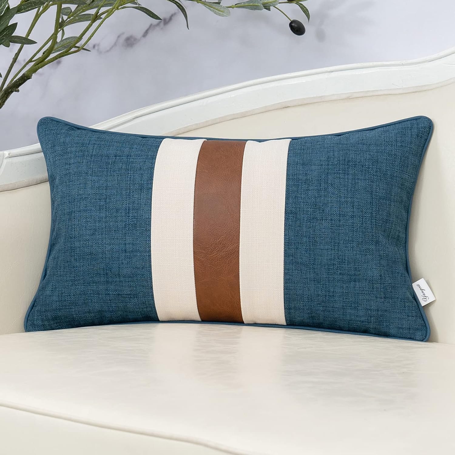 Yangest Funda de almohada lumbar de lino con retazos azules, funda de cojín oblonga de piel sintética para sofá, dormitorio, sala de estar,