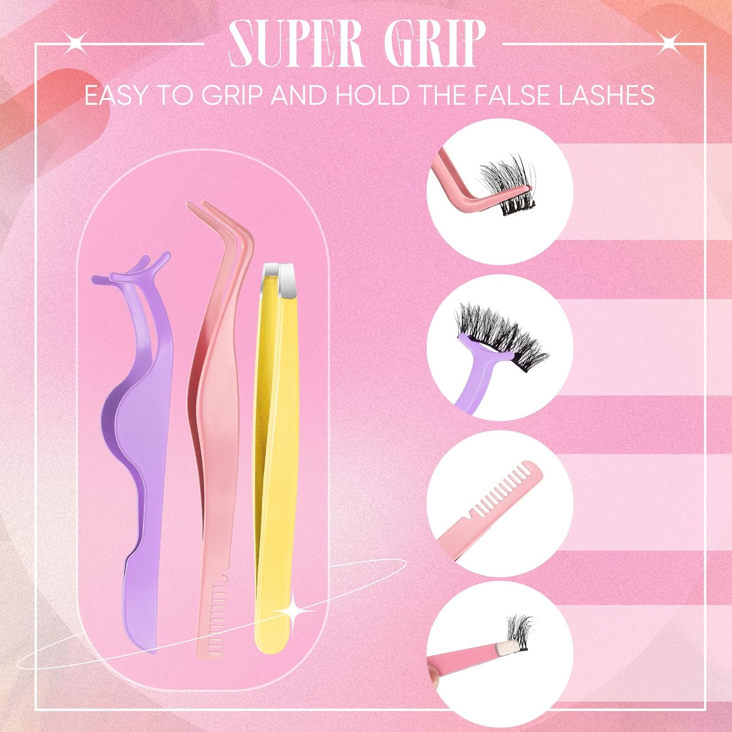 Juego de 6 herramientas aplicadoras de pestañas, pinzas de pestañas para extensiones de pestañas, tijeras de pestañas postizas de acero inoxidable,