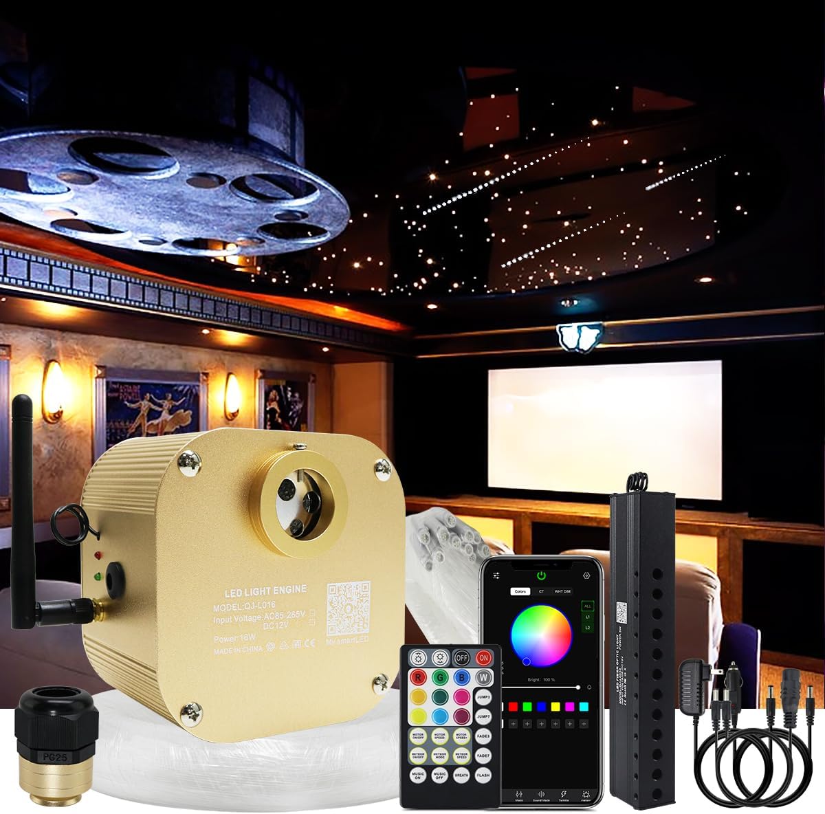 Luces ópticas de fibra óptica de 16 W con control de aplicación, música y centelleo, 3354M