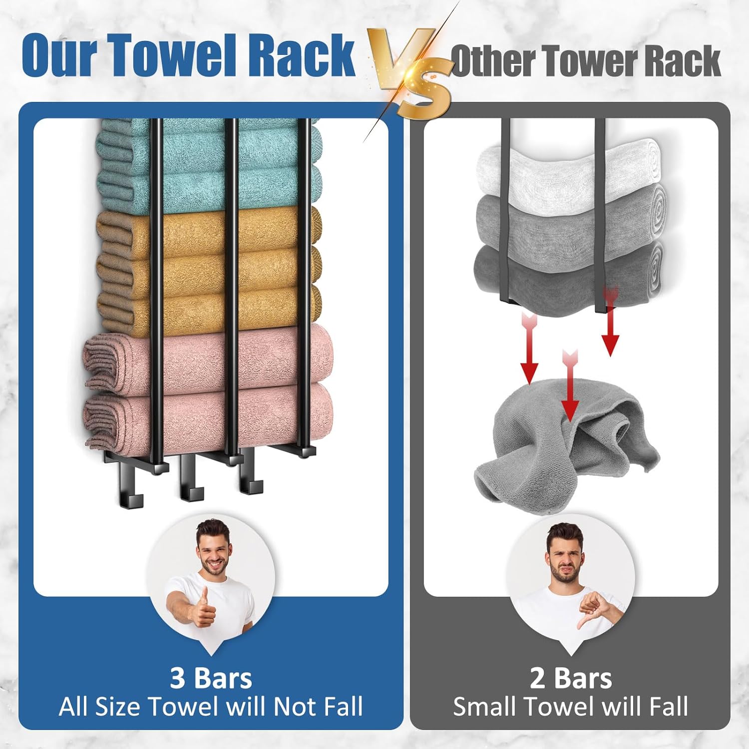 Toalleros para baño, toallero para baño montado en la pared con estante y 3 ganchos, toallero de baño, puede contener hasta 6 toallas de baño