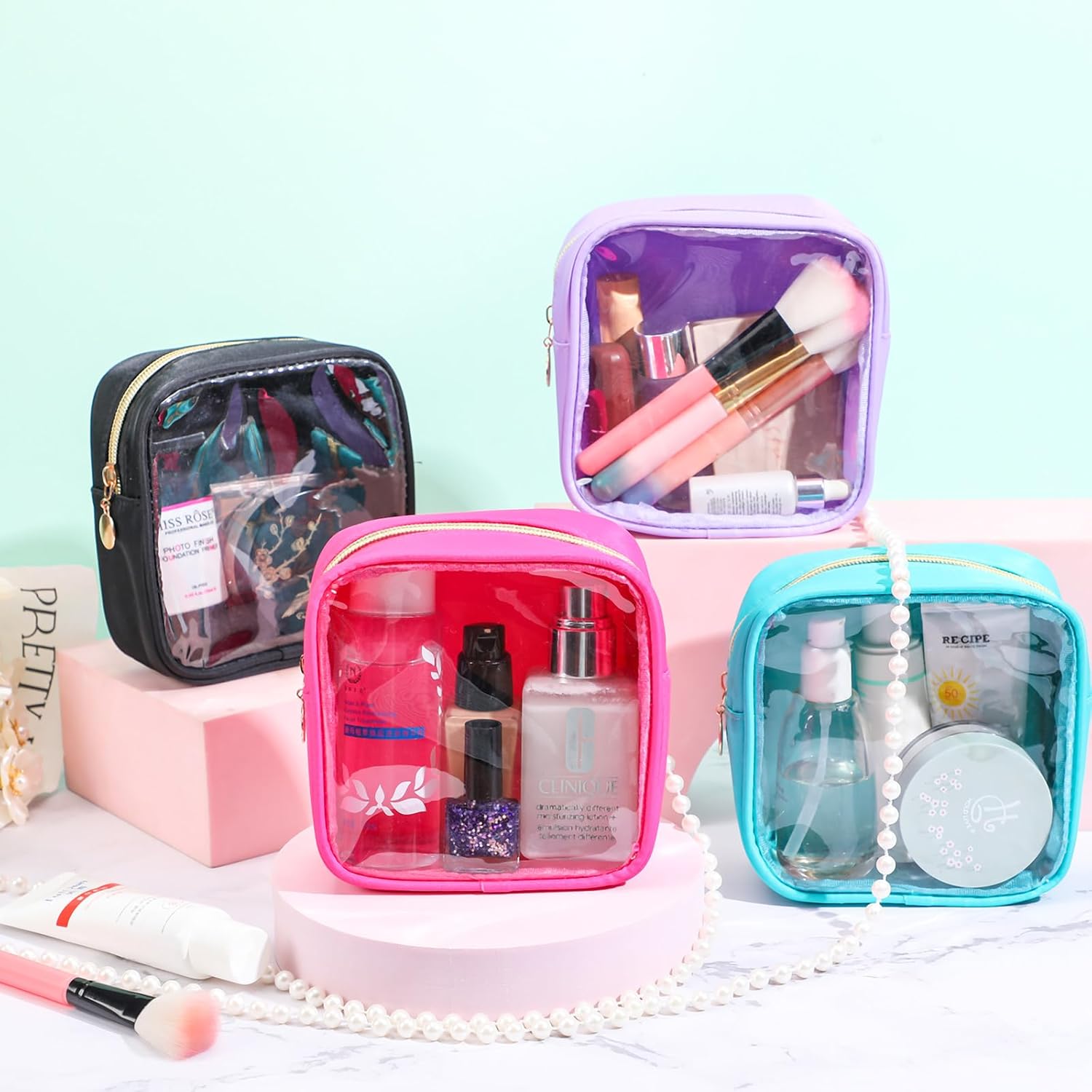 Hushee 4 bolsas de maquillaje transparentes para bolso, bolsa de maquillaje de nailon y PVC, bolsa de viaje para cosméticos, bolsa de aseo con