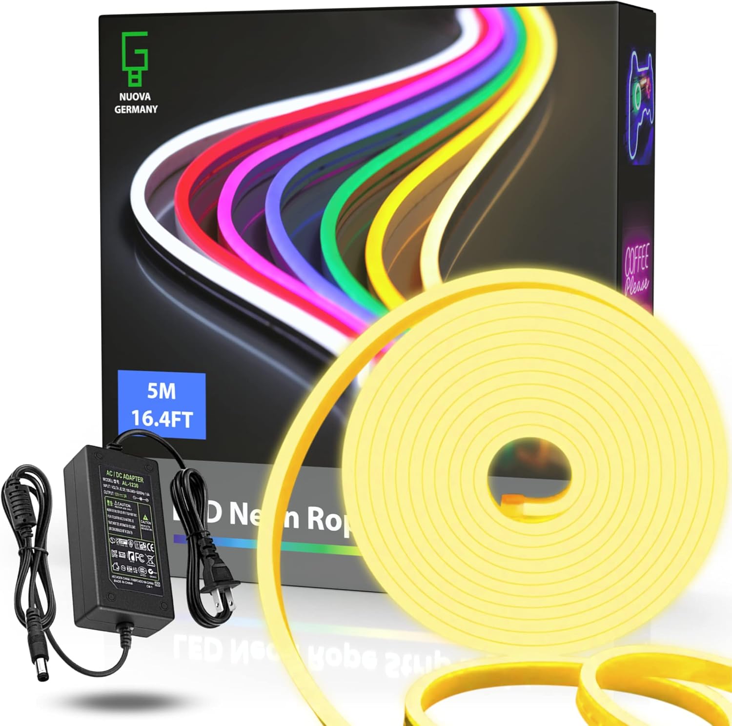 NUOVA GERMANY Tira de luz LED de neón de 16.4 pies, 12 V, cortable y flexible, decoración de fiesta de silicona e iluminación de estado de ánimo