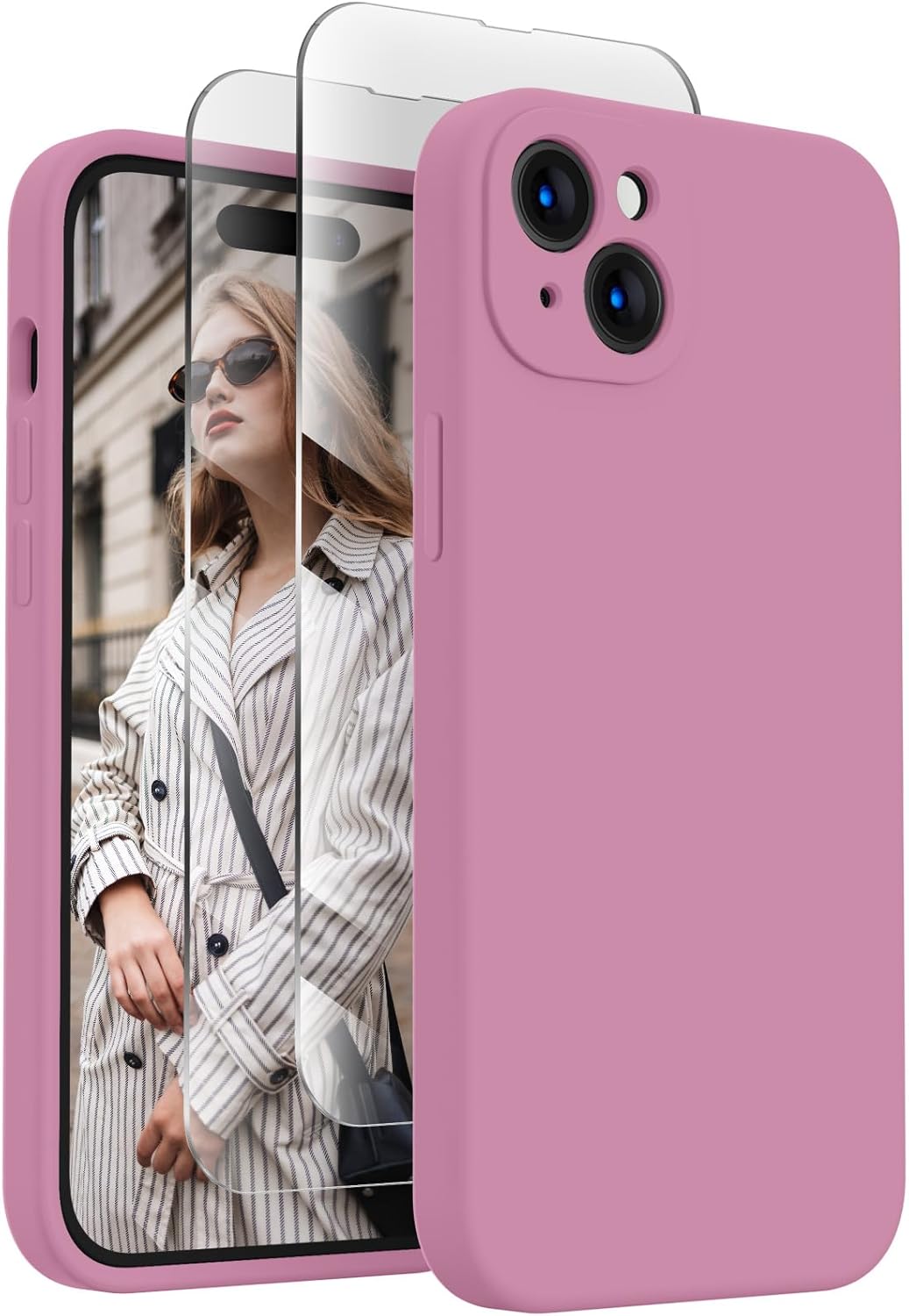 FireNova Funda diseñada para iPhone 15, funda de silicona mejorada protección de cámara con 2 protectores de pantalla, forro interior de microfibra