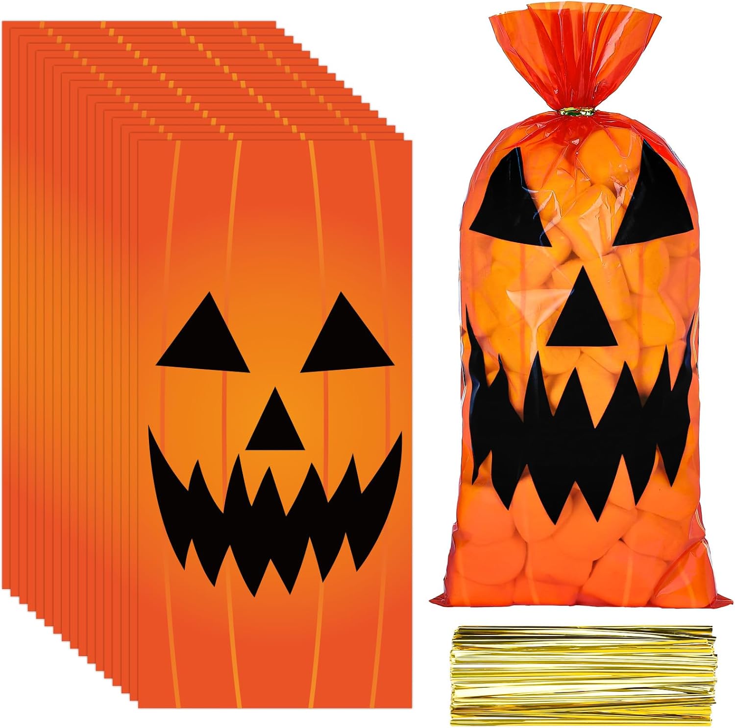 Whaline 120 bolsas de celofán de calabaza de Halloween con 120 lazos dorados, bolsas de dulces para dulce o truco, bolsas de regalo de palomitas de