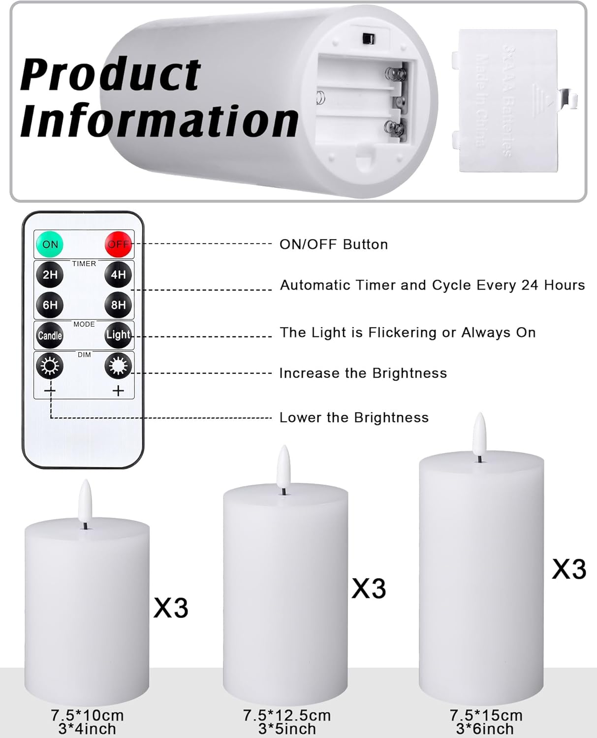 VIHOSE Juego de 9 velas blancas sin llama, velas LED realistas con control remoto y temporizador, velas de mecha sin llama, velas de cera real que