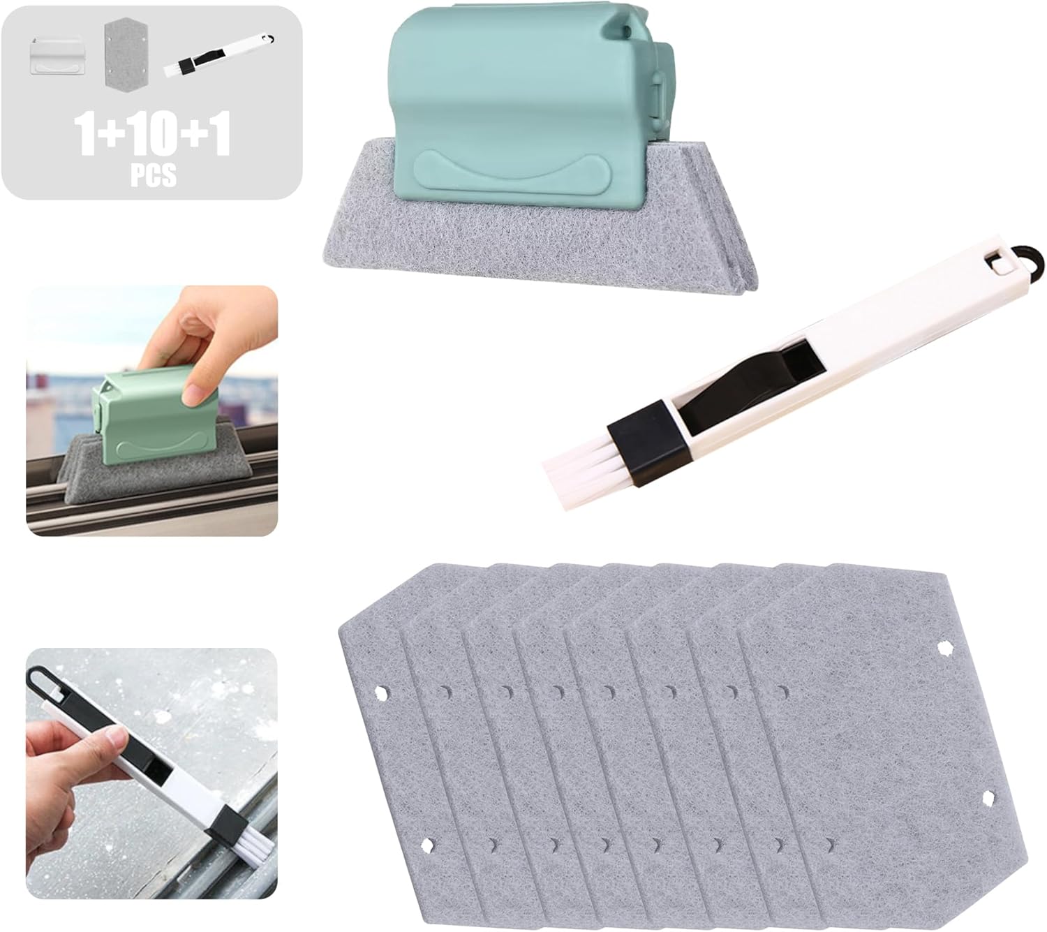 Juego de herramientas de limpieza de ranura de ventana, pequeño cepillo multiusos con recogedor, almohadilla mágica para fregar con 10 esponjas de