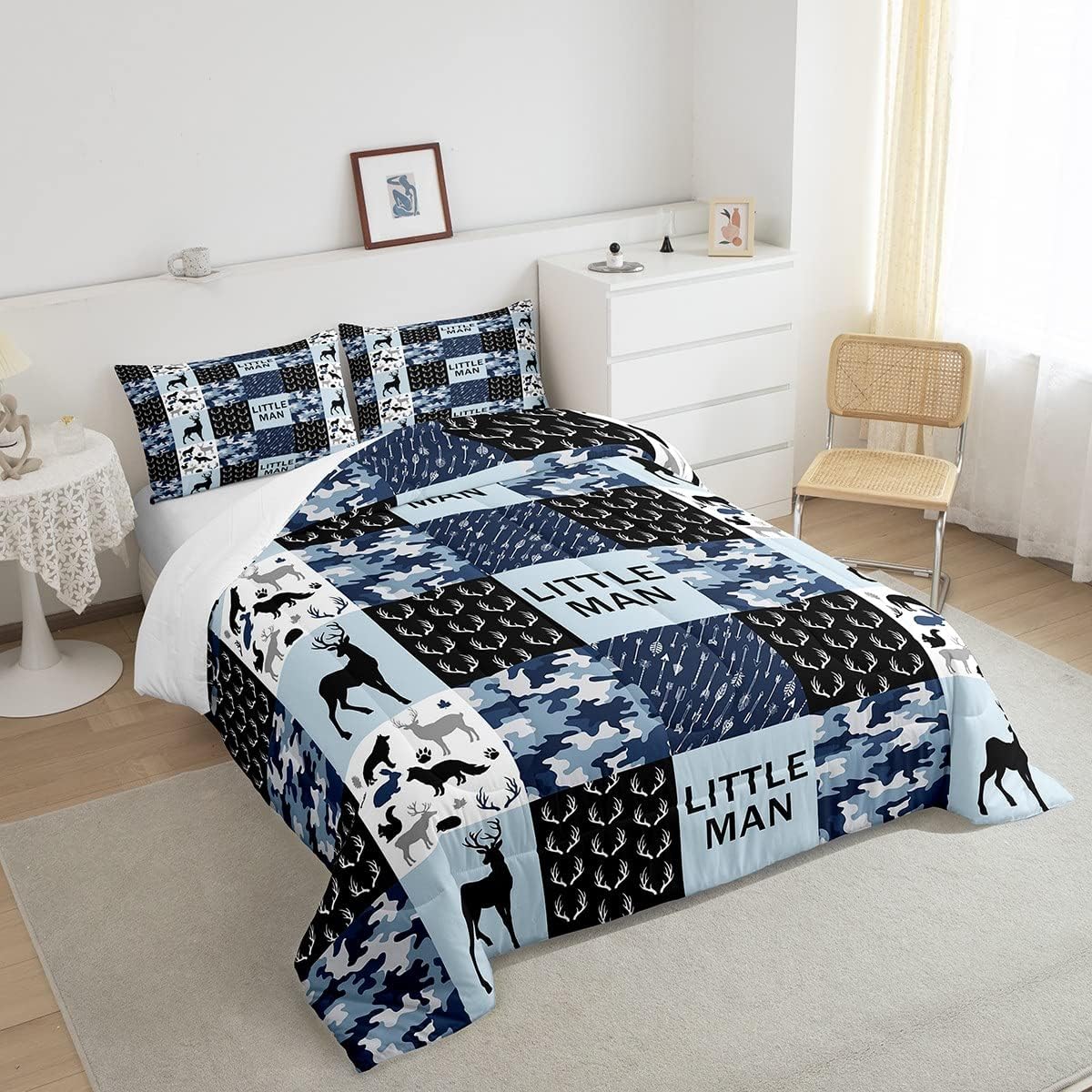 Manfei Juego de edredón de camuflaje con cuernos de ciervo tamaño matrimonial, ropa de cama de retazos geométricos de 3 piezas para decoración de