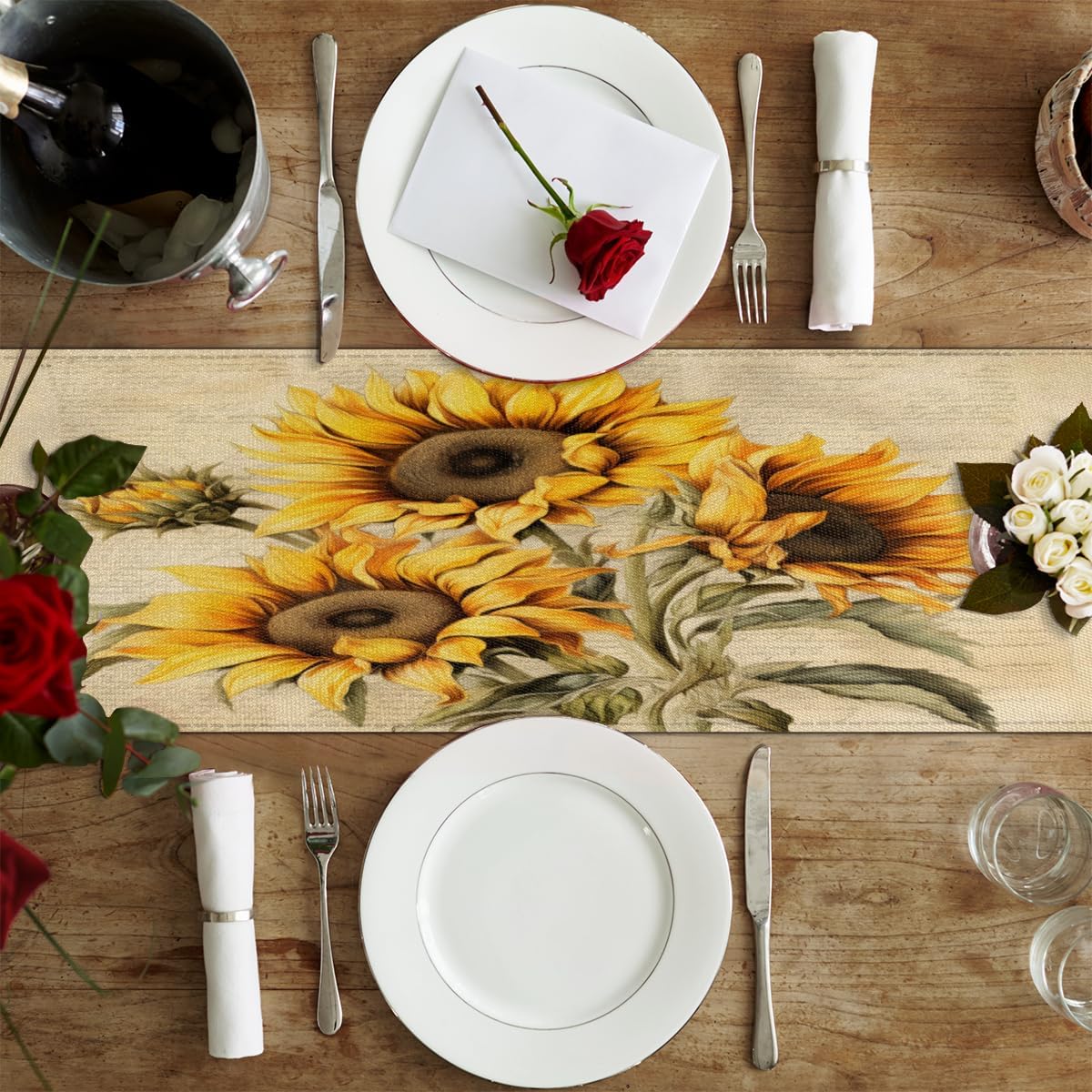 Table Runner Rustic Sun Flowers, Rustic Linen Table Cloth for Farmhouse Kitchen, Dinner, Events, Party, Holiday Table Decor 13 x 36 Inches