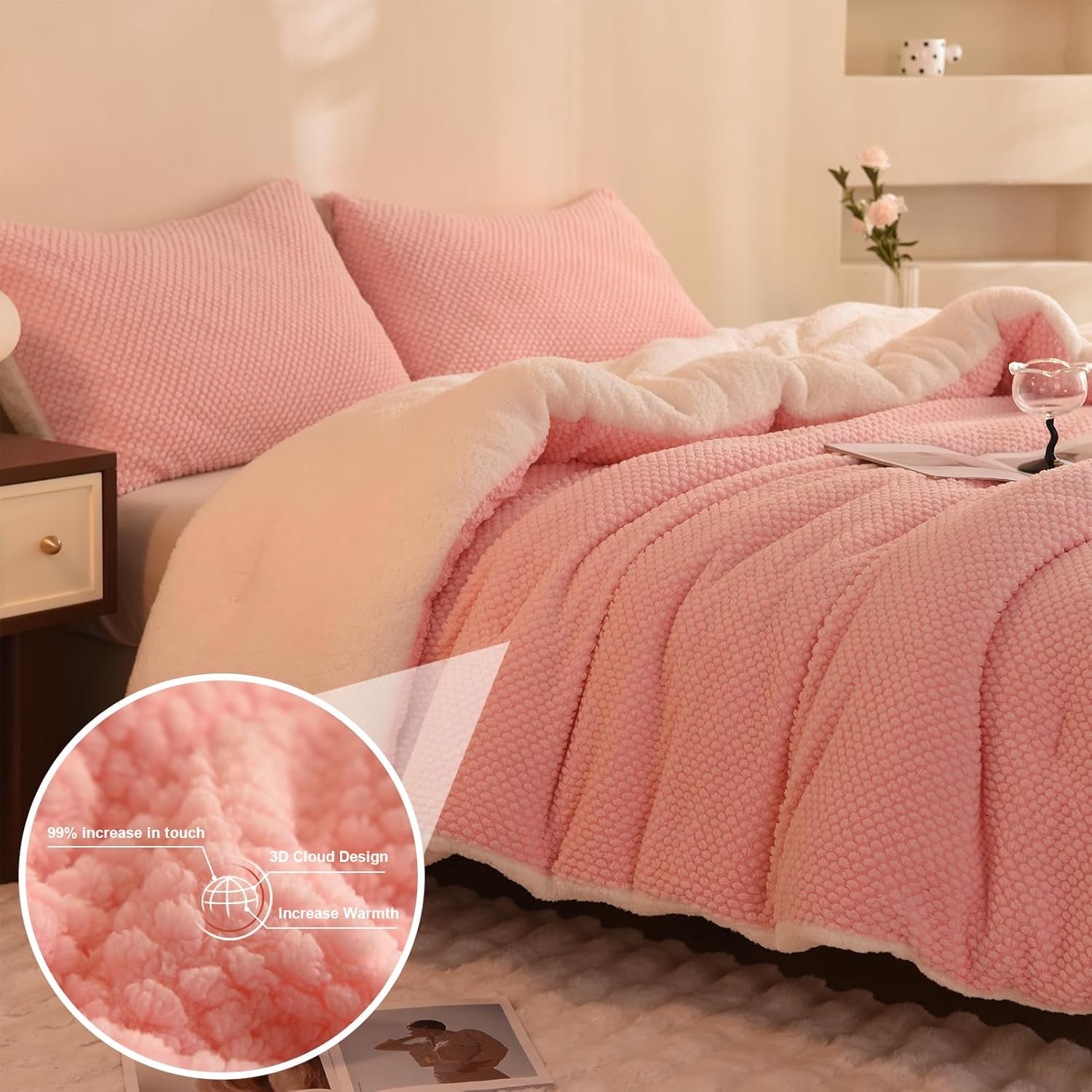 Juego de edredón de diseño jacquard 3D, ultra suave, cálido, tamaño Queen, felpa de piel sherpa, juego de 3 piezas, ropa de cama acogedora de lujo