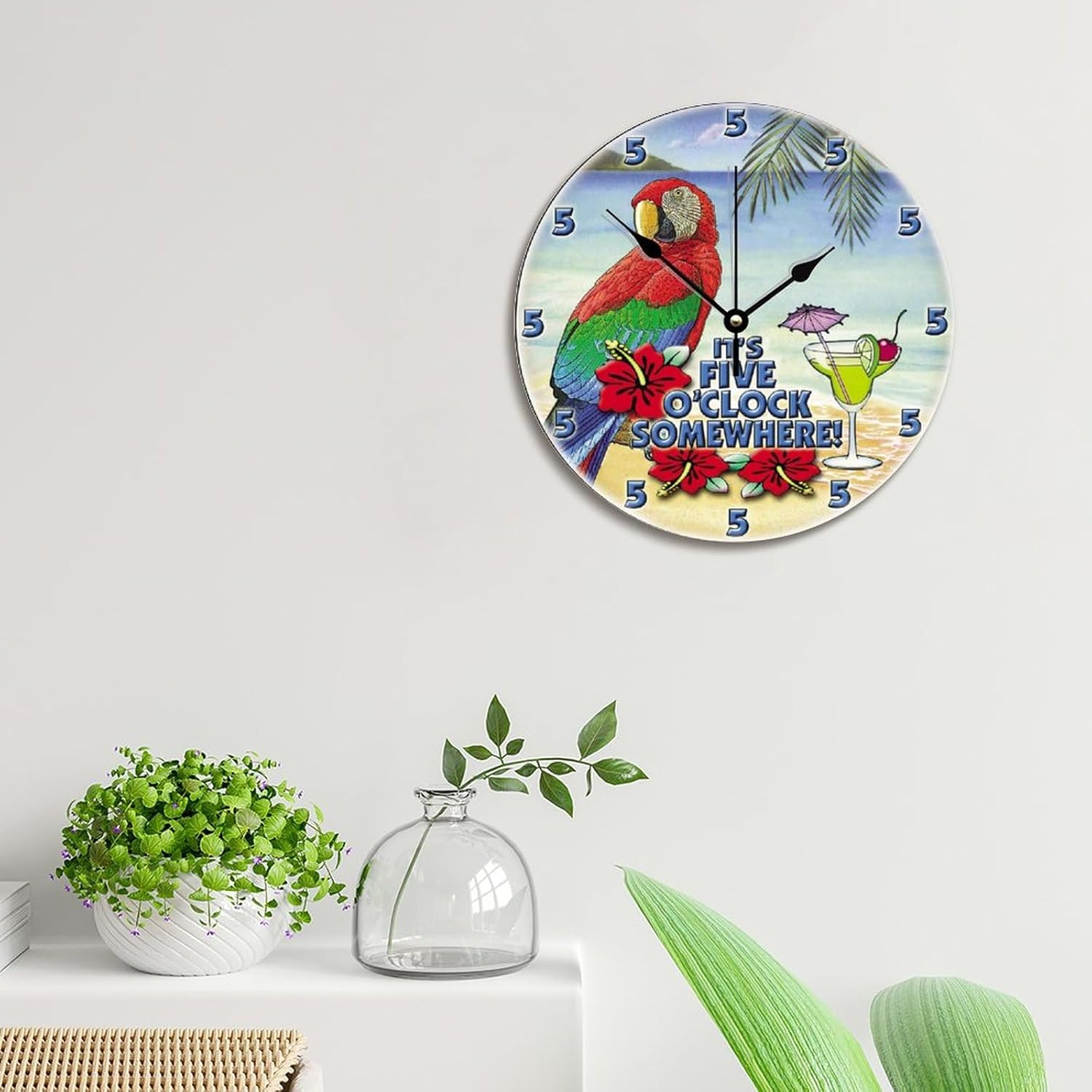 ArogGeld Reloj tropical en algún lugar de madera, reloj de pared de madera, funciona con pilas, 12 pulgadas, sin tictac, moderno, para sala de