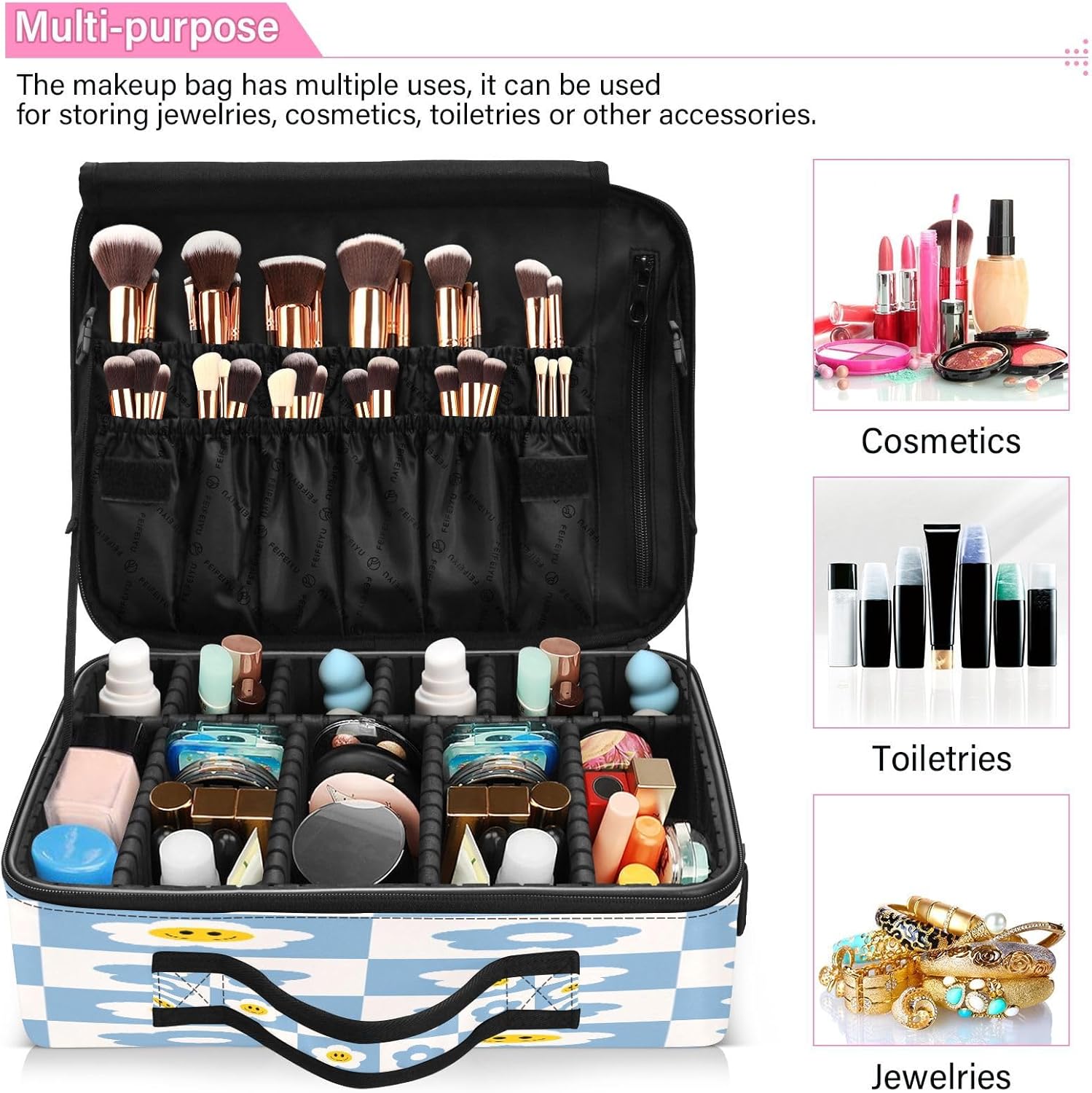 Retro Checker Board Groovy Flower Smiling cosmetic bag purse bags for traveling make up bags makeup travel bag bolsos de maquillaje para viajar men