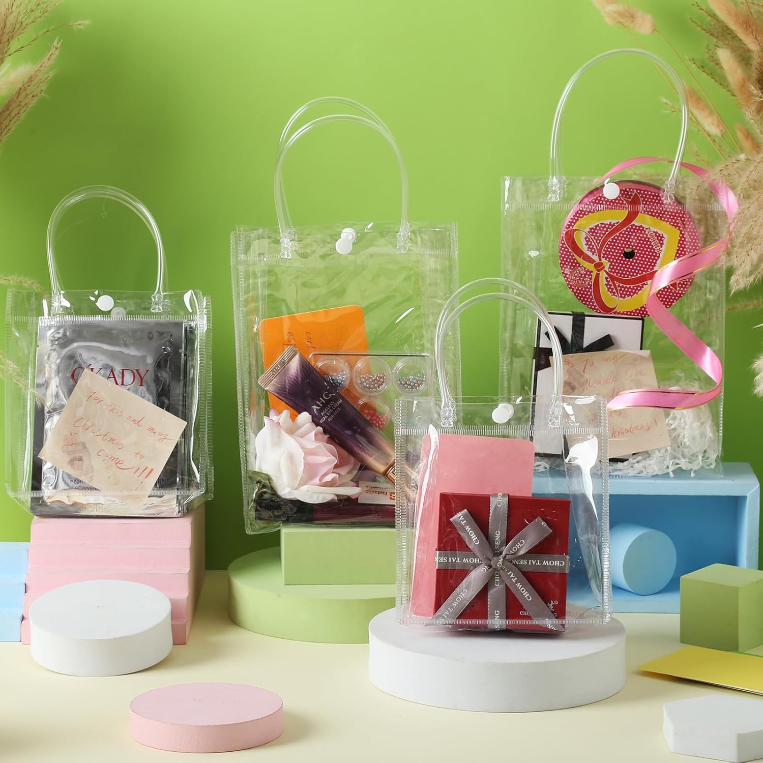 25 bolsas de regalo transparentes con asa, bolsa de plástico reutilizable para regalo, pequeñas bolsas transparentes de PVC para regalos, compras,