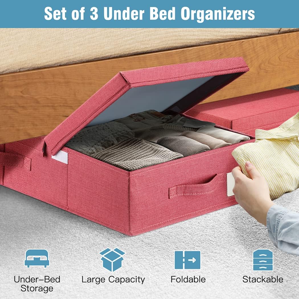 Almacenamiento debajo de la cama con tapas, paquete de 3 contenedores grandes de almacenamiento debajo de la cama, caja organizadora con asa,
