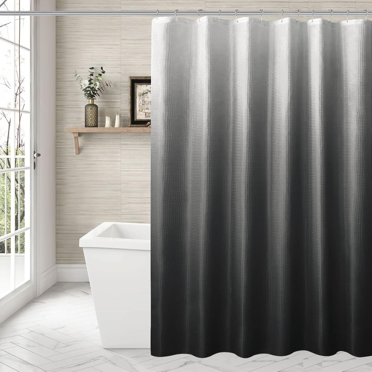 Cortina de ducha negra para baño, cortina de ducha de tela de gofre degradada, juego de cortinas de baño neutrales graduales negras y blancas,