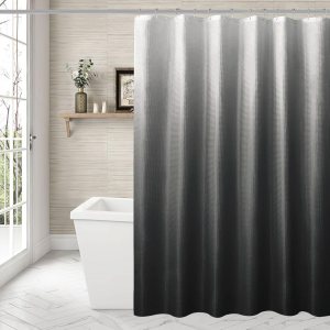 Cortina de ducha negra para baño, cortina de ducha de tela de gofre degradada, juego de cortinas de baño neutrales graduales negras y blancas, Cortina de ducha negra para baño, cortina de ducha de tela de gofre degradada, juego de cortinas de baño neutrales graduales negras y blancas,