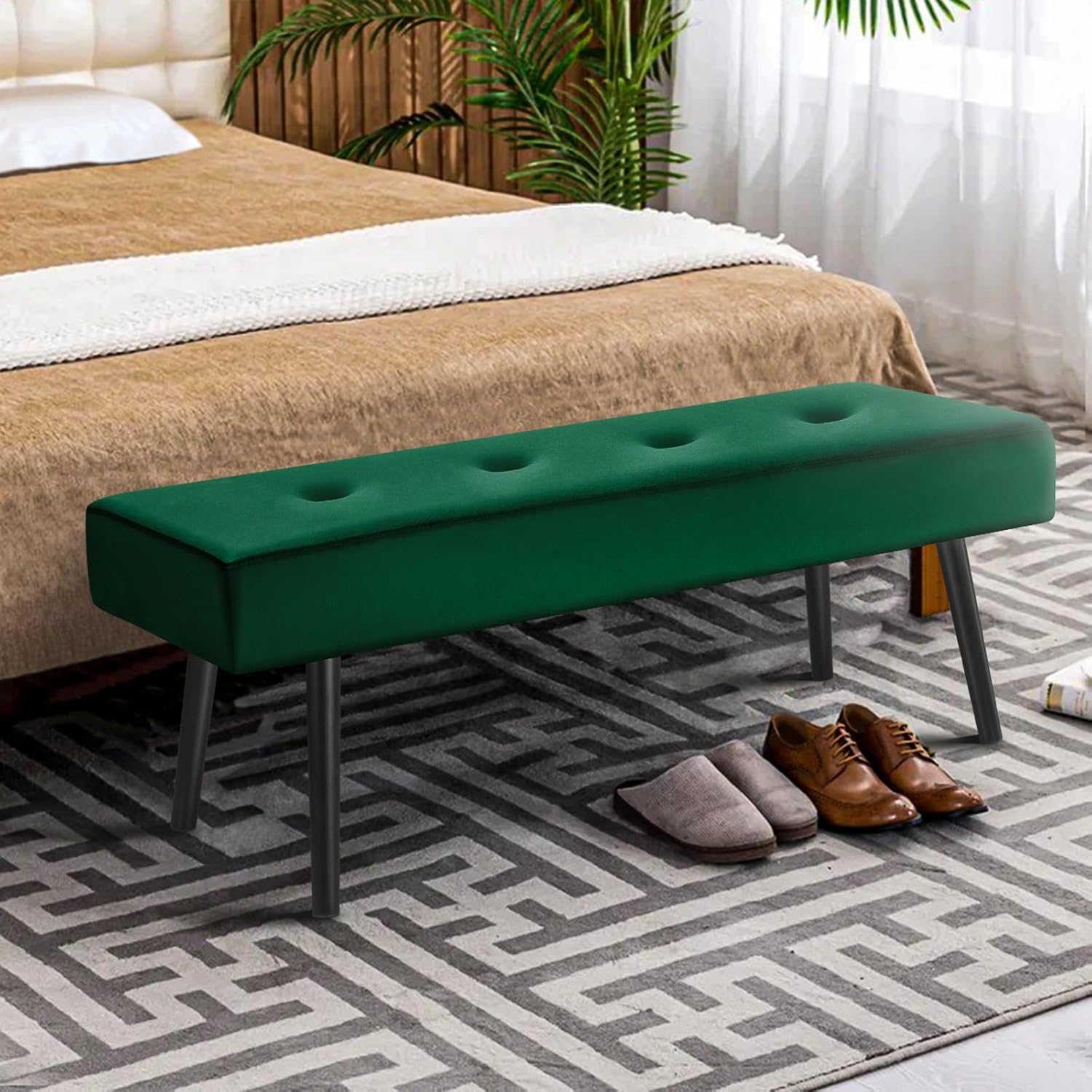 Banco de entrada  Banco verde para dormitorio, moderno extremo otomano de cama, bancos acolchados de terciopelo para sala de estar, vestíbulo,