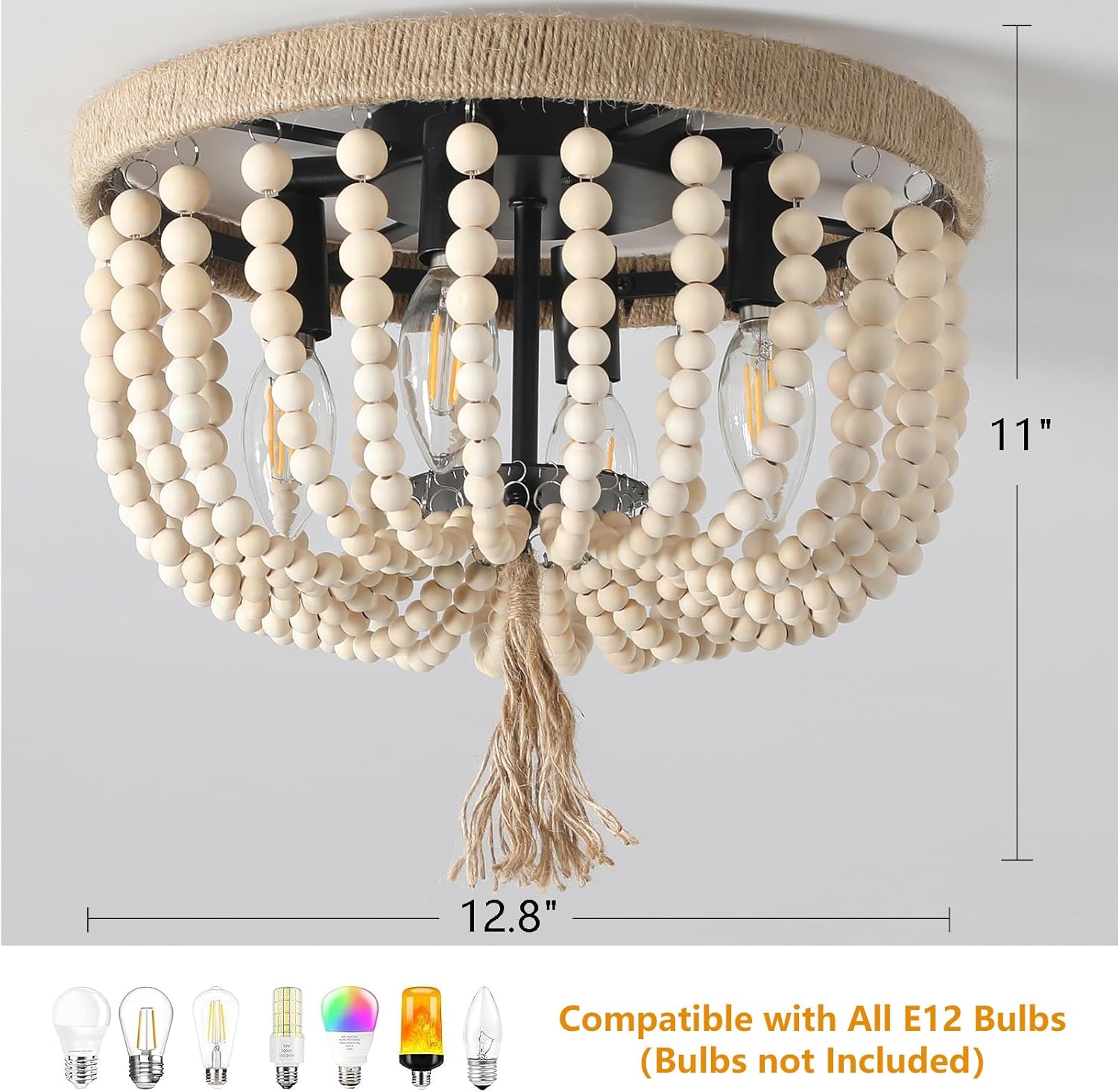 Lámpara de techo bohemia con cuentas de madera, 4 luces de roble blanco, estilo bohemio, para dormitorio, pasillo, entrada, cuarto de bebé, pasillo,
