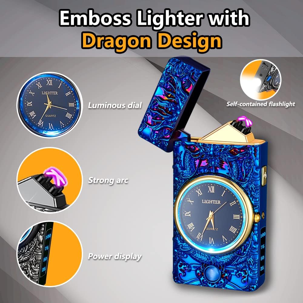 Faro de reloj, encendedor eléctrico, encendedor de plasma de doble arco, encendedor USB recargable con pantalla de batería, encendedor fresco con