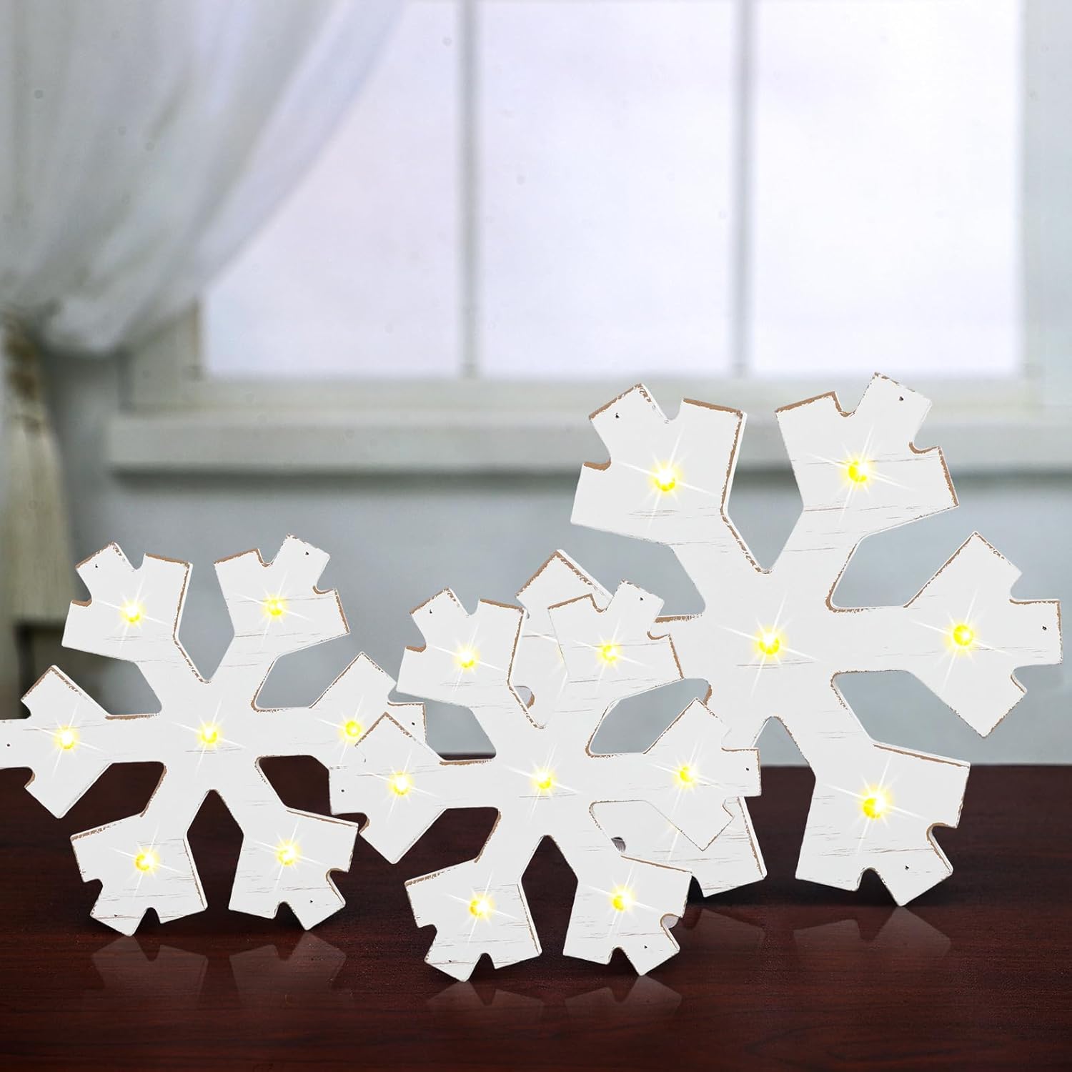 3 piezas de decoración de copo de nieve de madera para invierno, luz LED de copo de nieve, bloques de copo de nieve de Navidad, alimentados con