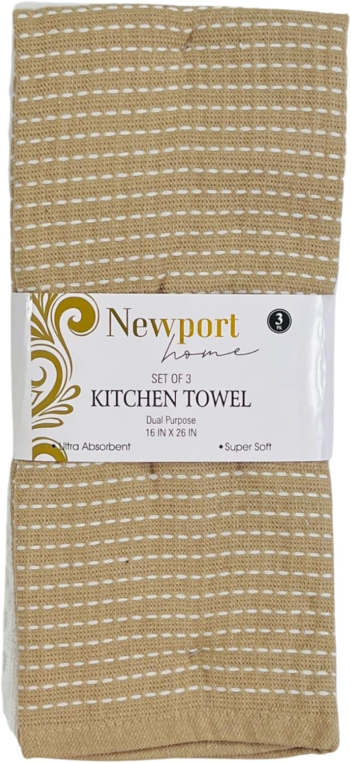 Toallas de cocina blancas de gran tamaño 100% algodón, suave, absorbente, surtido de rizo acanalado, juego de 4 multiusos para uso diario (beige