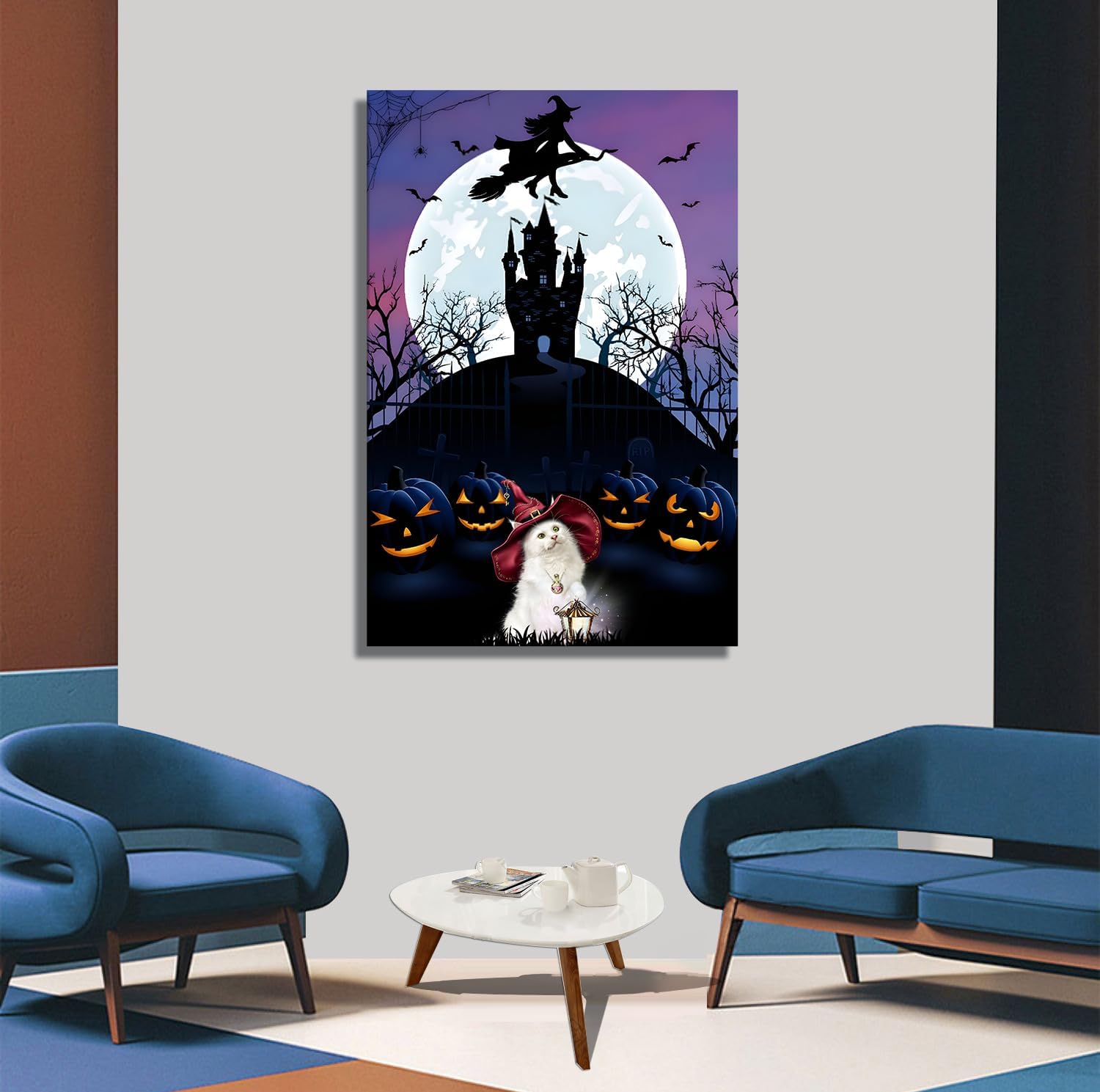 Wewejia Lienzo de Halloween para pared, arte de pared de bruja, murciélago, farol, calabaza, gato, póster de imagen negro para sala de estar,