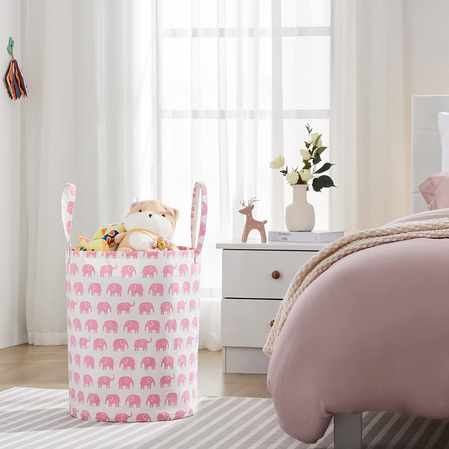 Cesta de almacenamiento grande para niñas y niños, cesta de lavandería plegable con asas largas, contenedores de juguetes para guardería, decoración
