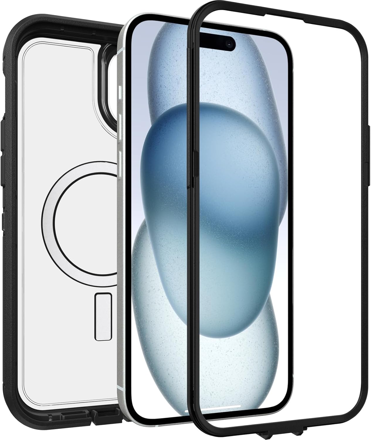 OtterBox Funda transparente para iPhone 15 Plus y iPhone 14 Plus Defender Series XT, lado oscuro (negrotransparente), sin pantalla, resistente, se
