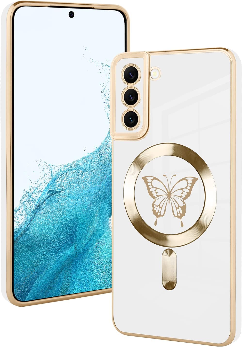 Fiyart Diseñada para Samsung S22, compatible con carga inalámbrica magnética, bonita funda de teléfono con protección de lente de cámara para