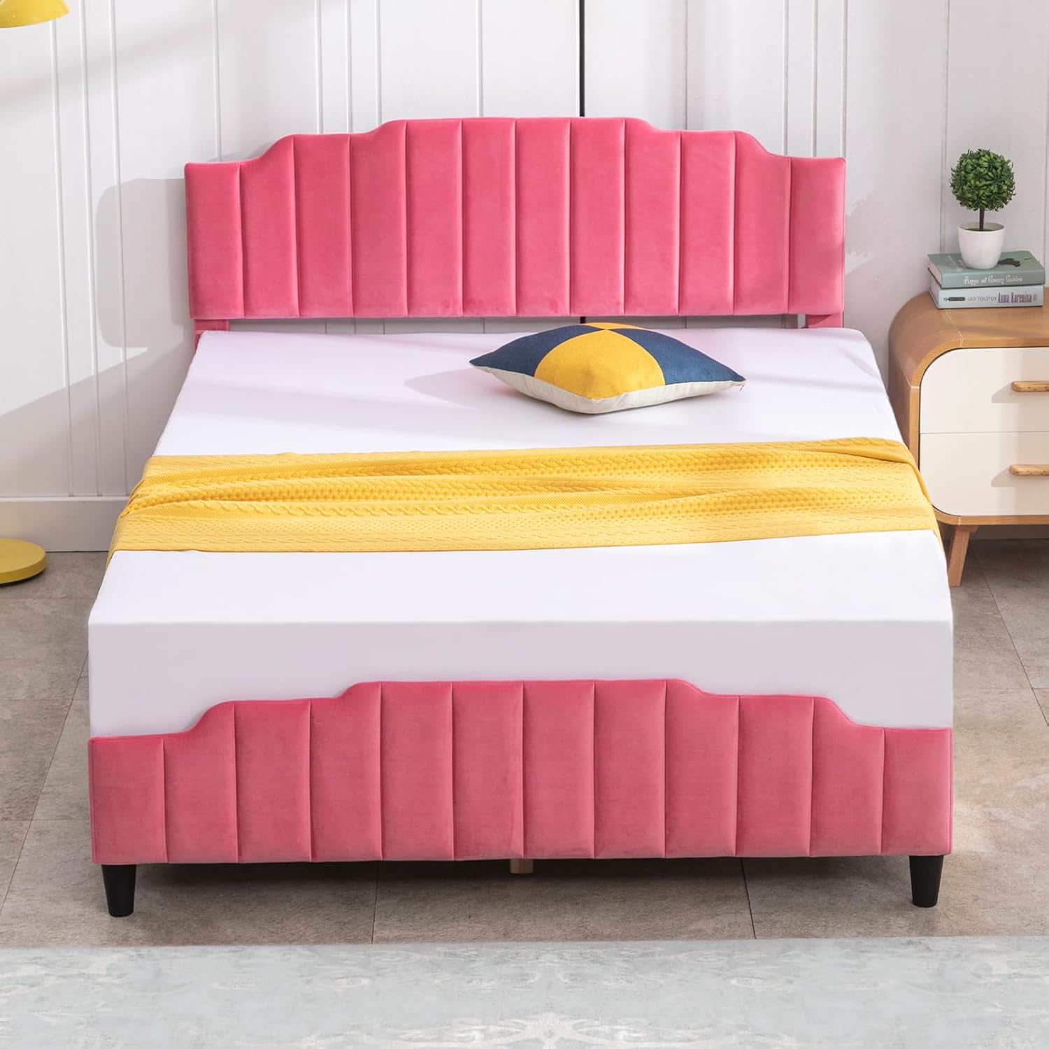 Zafly – Marco de cama de tamaño matrimonial para niños con cabecera y estribo, marco de cama para dormitorio infantil, plataforma de cama tapizada