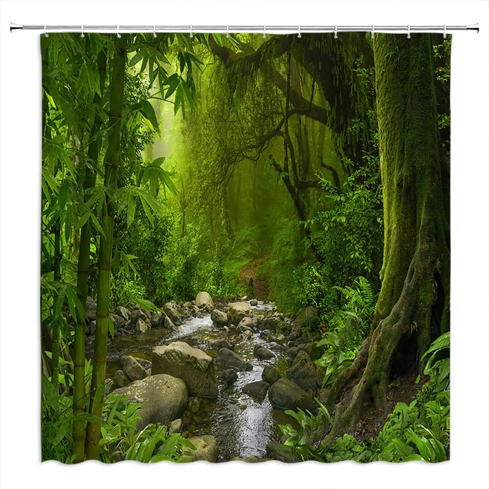 Cortina de ducha de selva tropical, verde selva, bosque, arroyo, plantas exóticas, naturaleza primitiva, naturaleza, paisaje botánico, decoración de