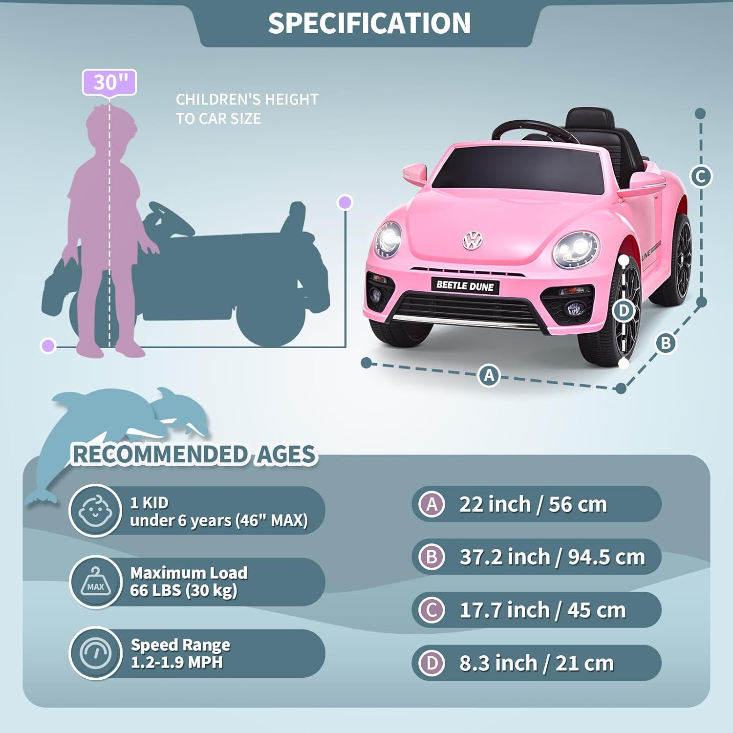 Joywhale Vehículo eléctrico de 12 V para niños, compatible con Volkswagen Beetle, con control remoto de 2.4 G, 3 velocidades, suspensión de resorte,