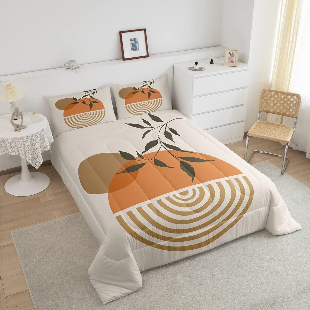 Juego de ropa de cama tamaño Queen con diseño de hojas bohemias para niñas, niños, adolescentes, mujeres, abstracto, exótico, geométrico, moderno,