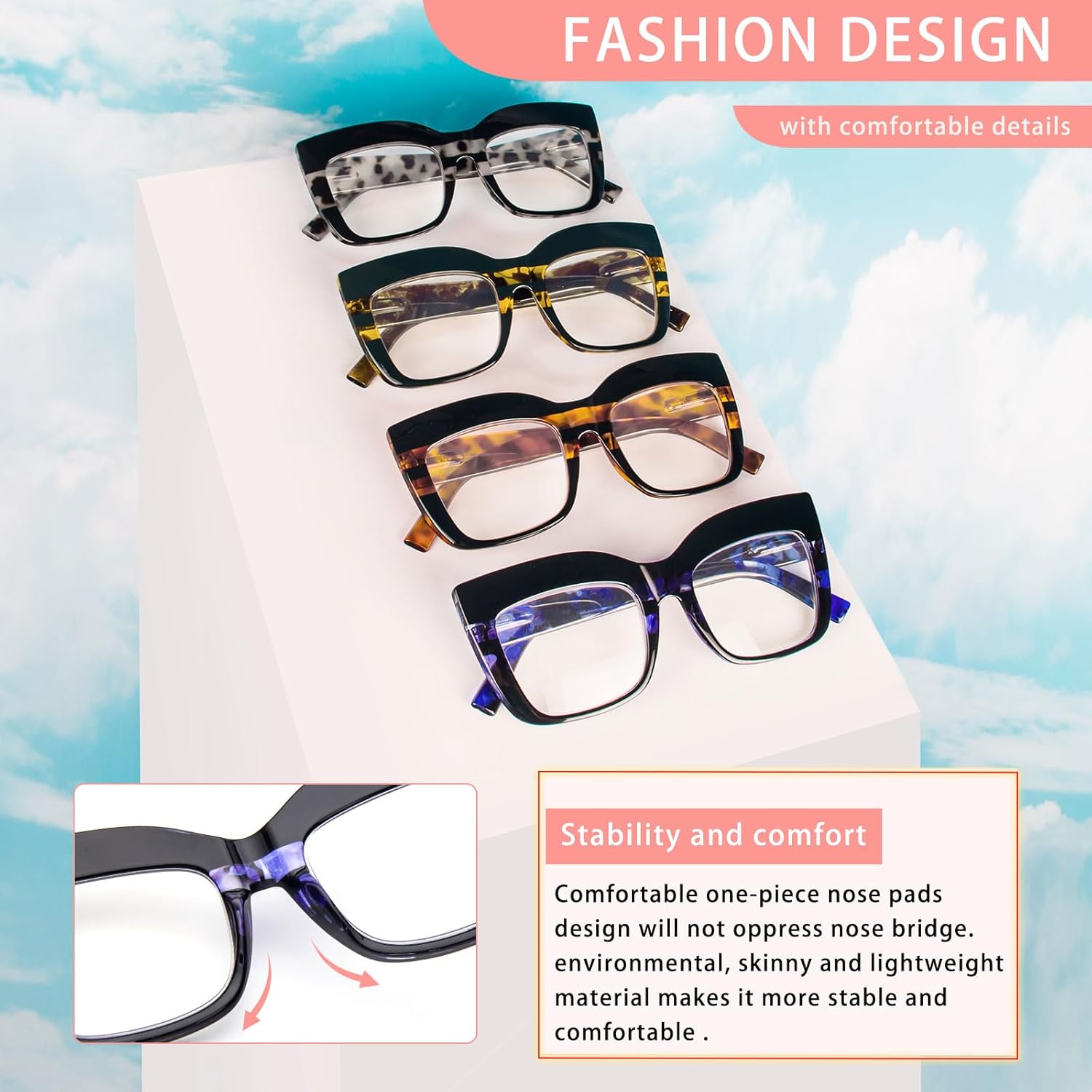 KoKoBin Paquete de 4 elegantes lentes de lectura de ojo de gato con marco grande para mujer, lectores retro de gran tamaño, bloqueo de luz azul