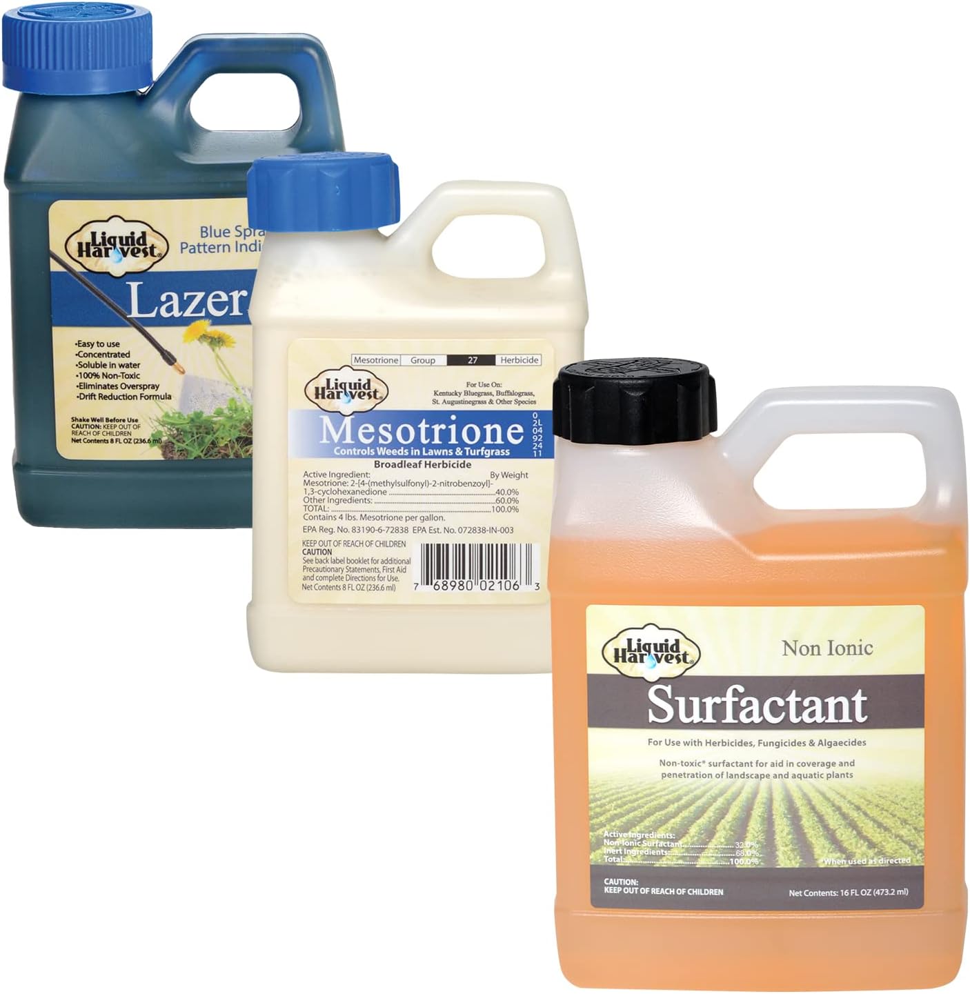 Liquid Harvest Lazer – Indicador de patrón de aerosol azul de 8 onzas, surfactante de 16 onzas y paquete de mesotrione de 8 onzas para un control