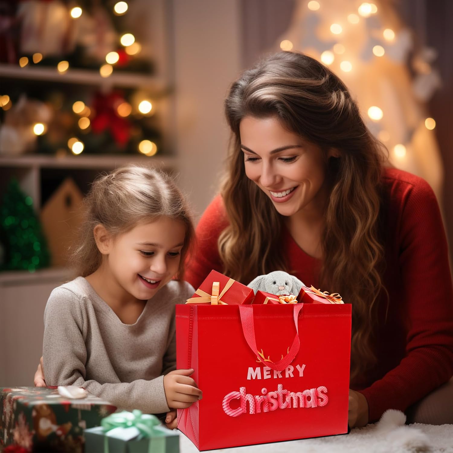 Bolsas de regalo de Navidad, 6 bolsas de regalo grandes para regalos de Navidad, bolsas de regalo reutilizables con asas, bolsas de Navidad, bolsas