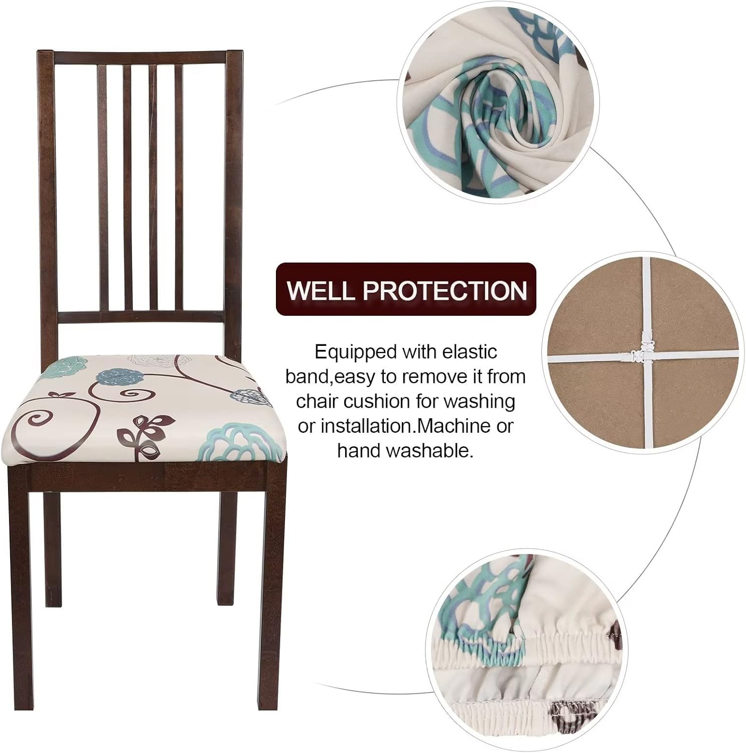 SearchI Juego de 4 fundas de asiento para sillas de comedor, fundas de asiento elásticas con estampado, extraíbles y lavables, fundas de cojín para