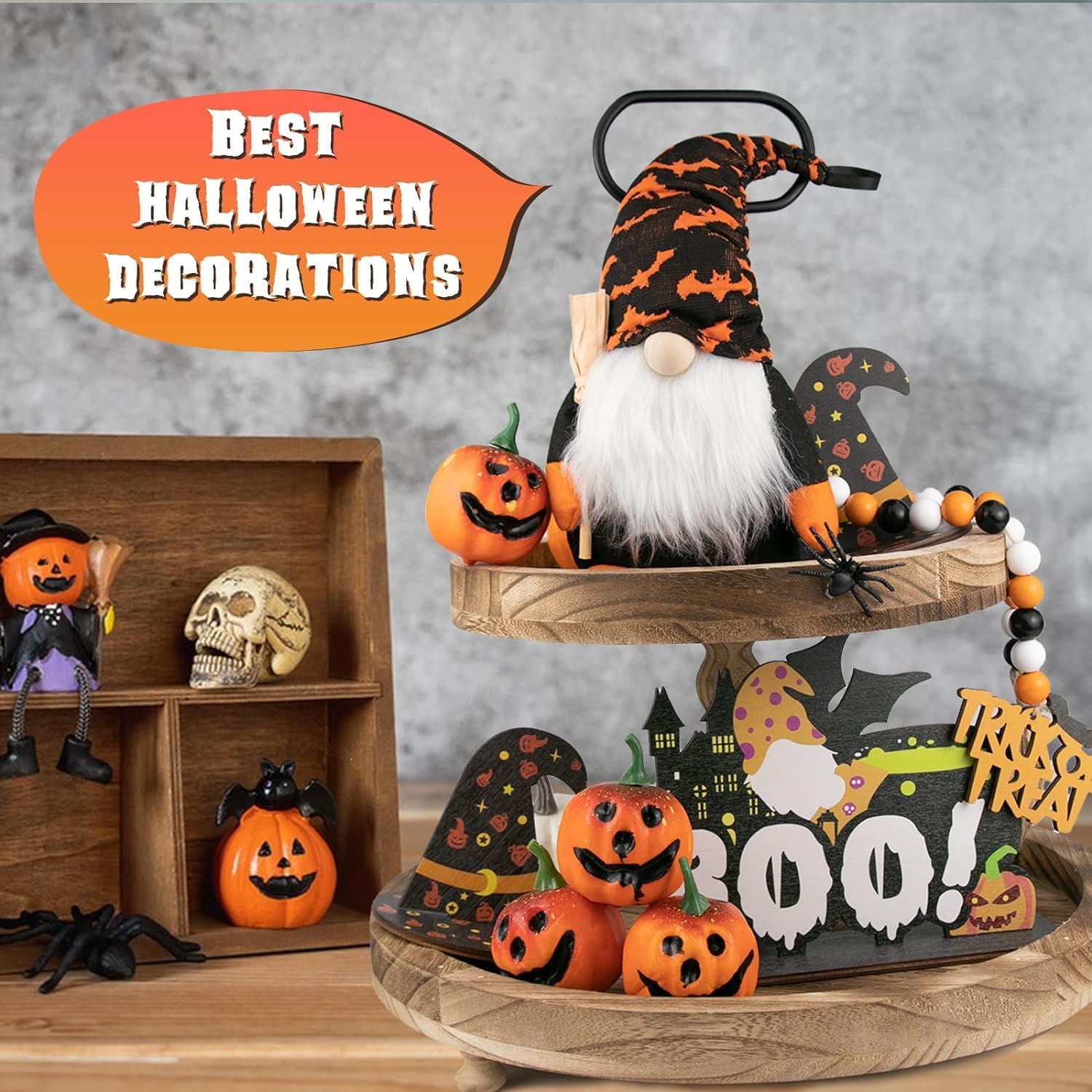 Decoraciones de Halloween  Juego de 11 piezas de decoración de bandeja escalonada de Halloween  Cartel de madera rústica de granja  Lindos gnomos de