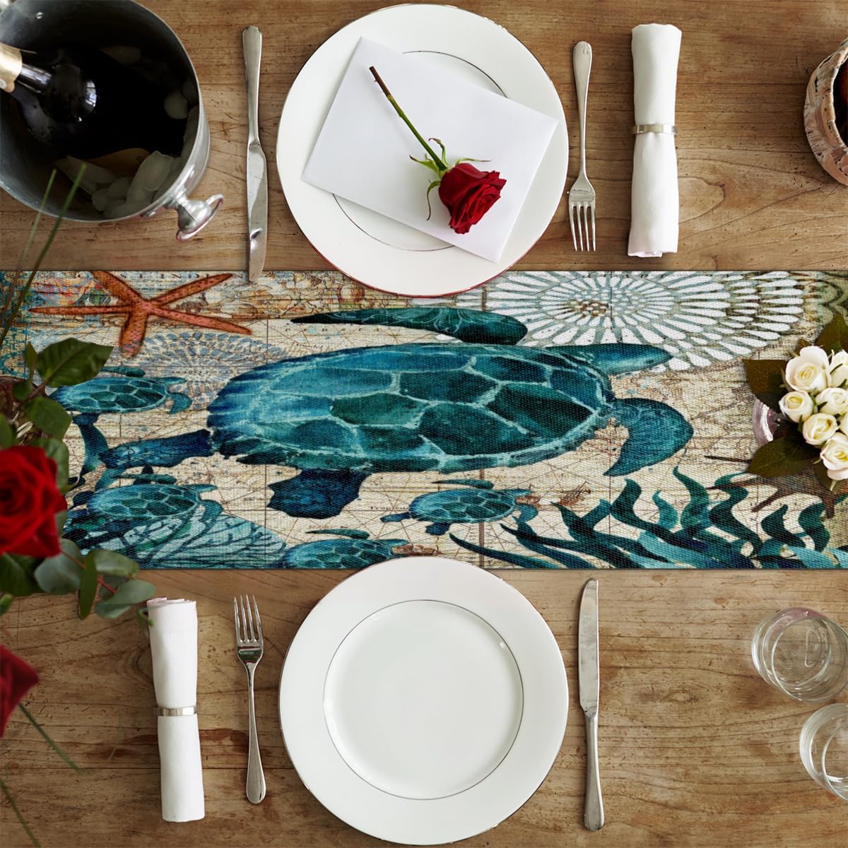 Camino de mesa con diseño de tortugas de animales del océano, mantel de lino rústico de otoño, para cocina, comedor, decoración para fiesta en el