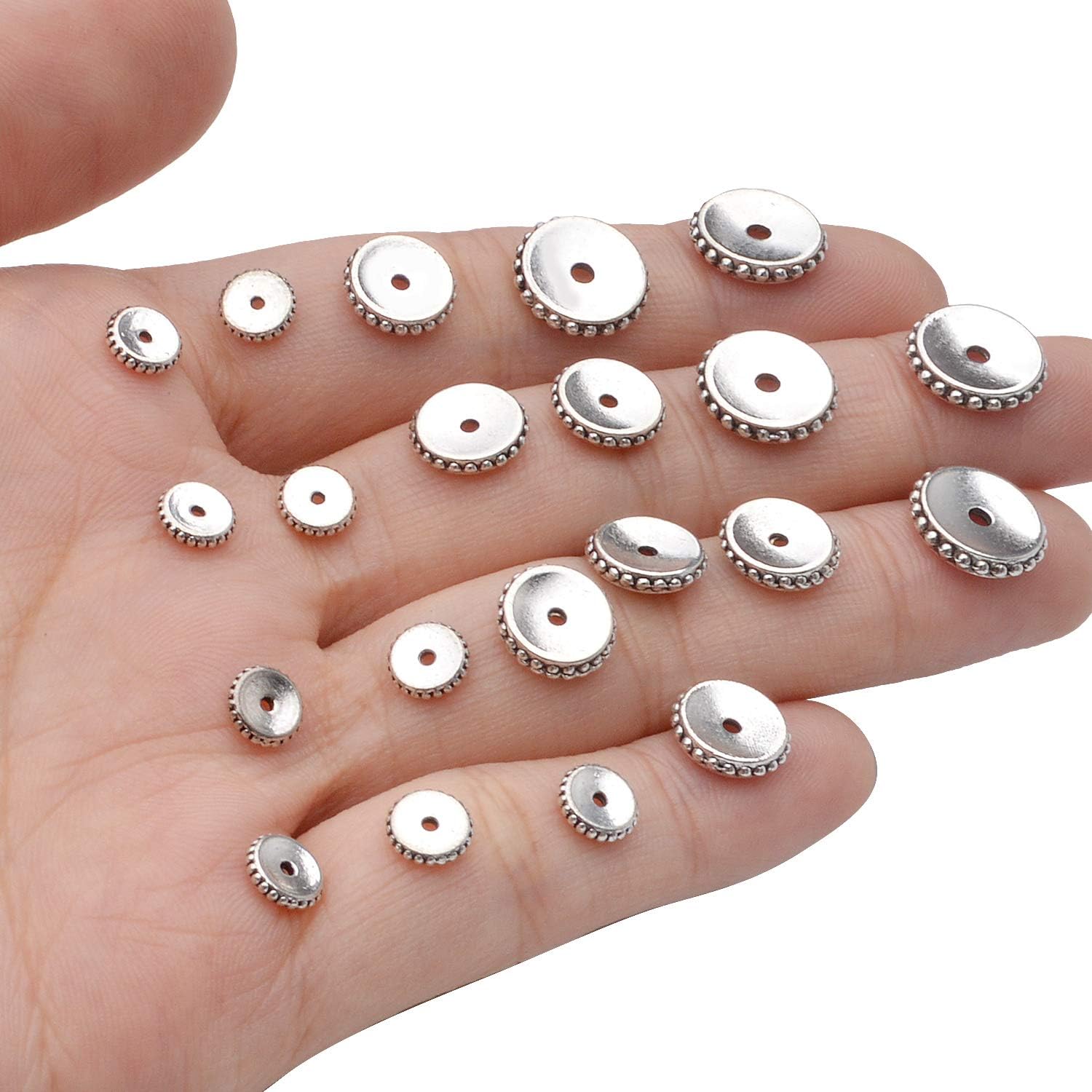 200 cuentas espaciadoras redondas planas de plata envejecida tibetana con una caja para hacer joyas, suministros de manualidades