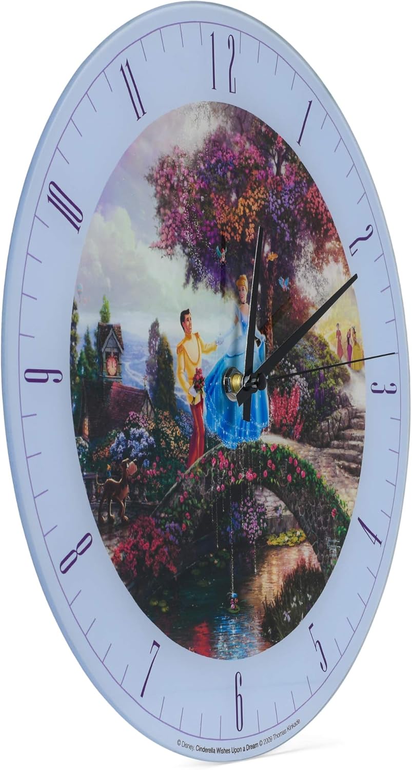 Mark Feldstein & Associates Cinderella Disney Kinkade Wishes Upon A Dream Blue Reloj de pared redondo de cristal de 12 pulgadas